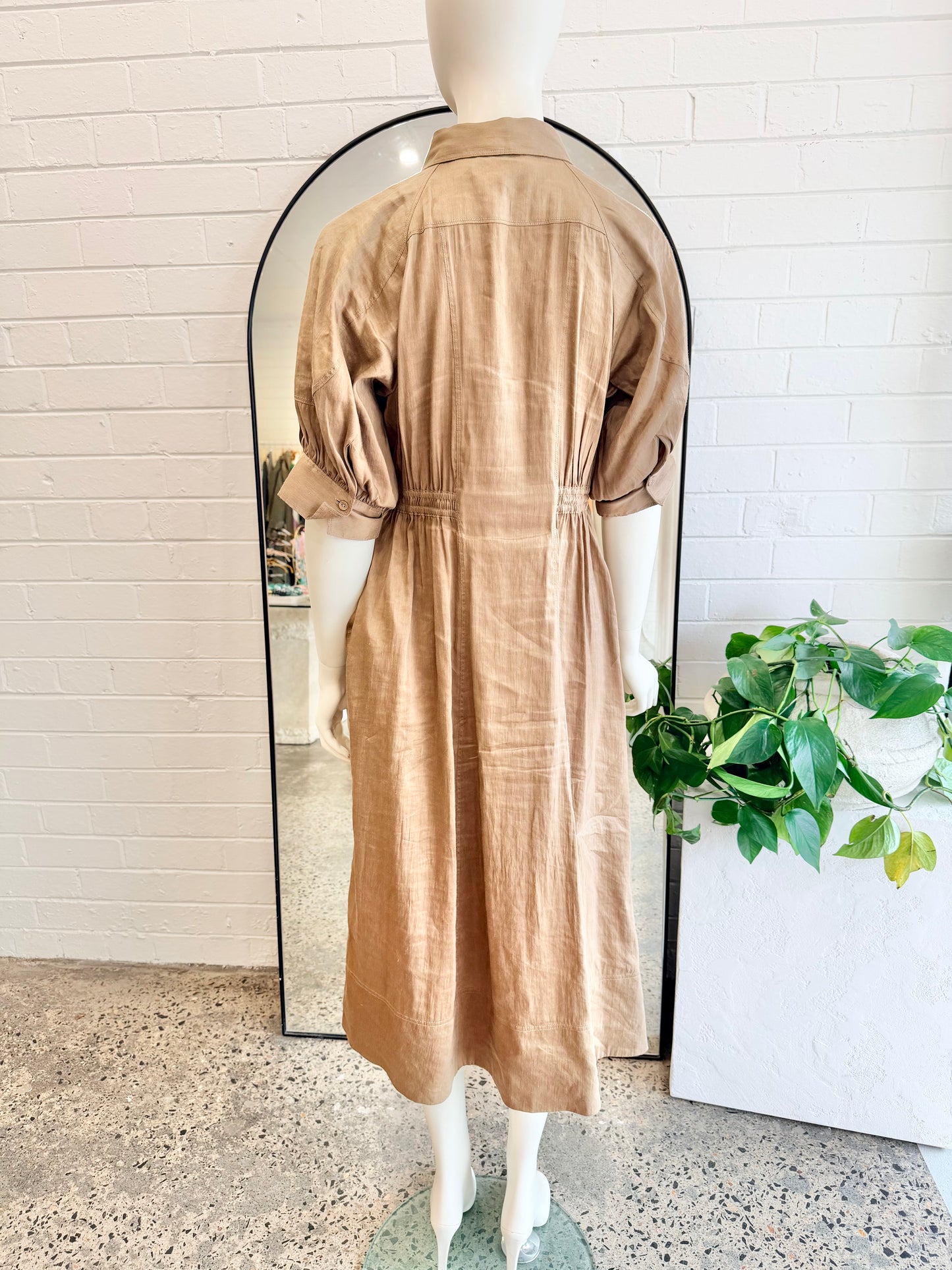 Country Road Mocha Linen Blend Fluid Cinched Shirt Dress - Size 8