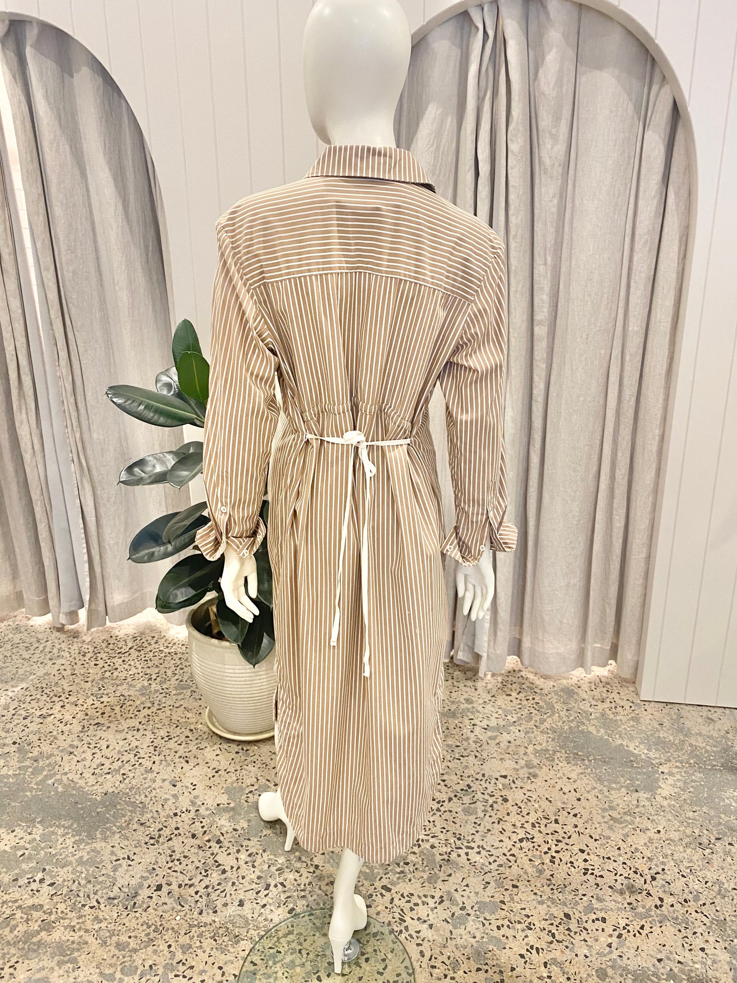 Friends With Frank 'Vivienne' Shirtdress in Camel/White Stripe - Size Small (8-12)