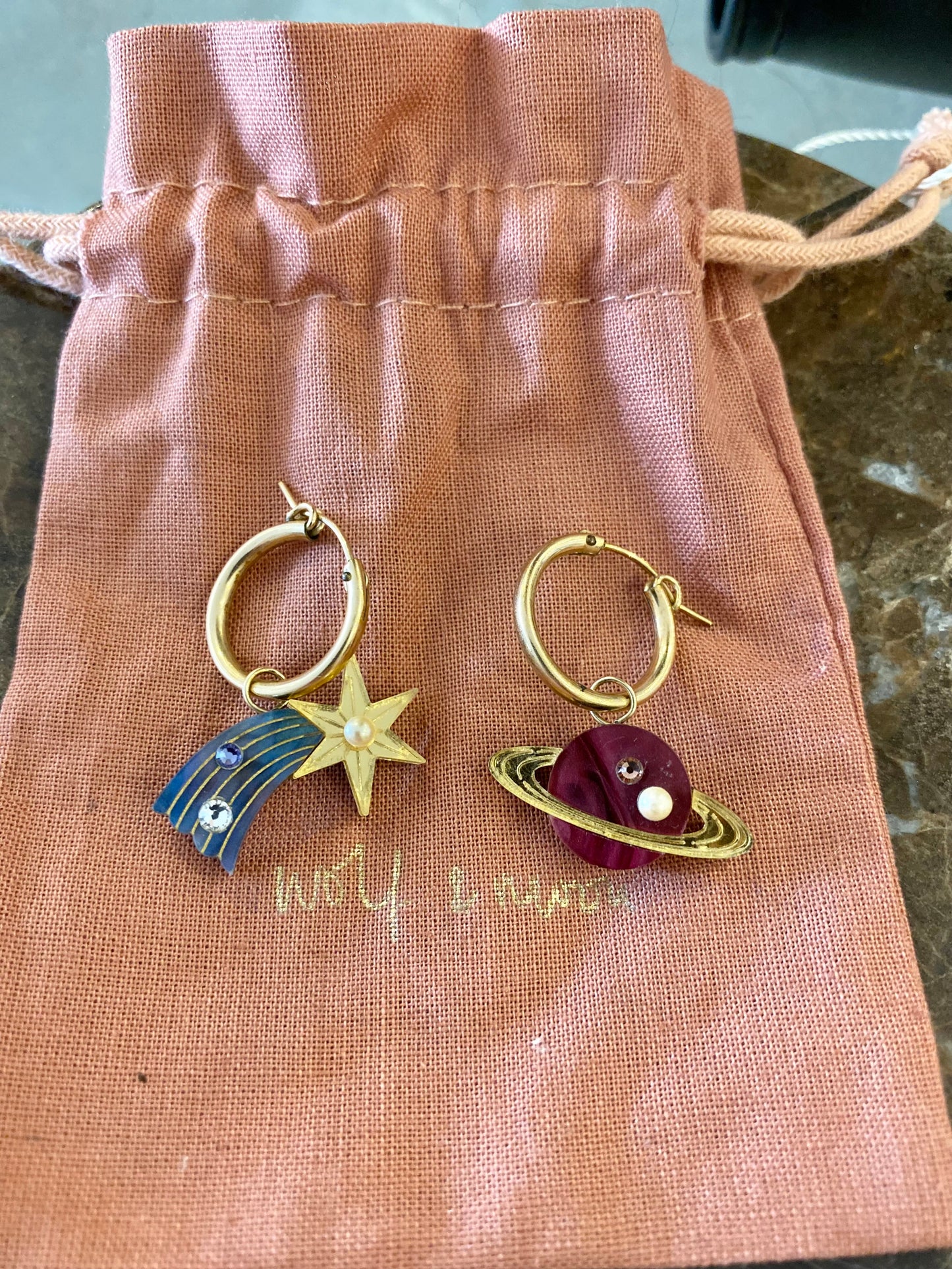 Wolf & Moon Shooting Star & Saturn Hoops