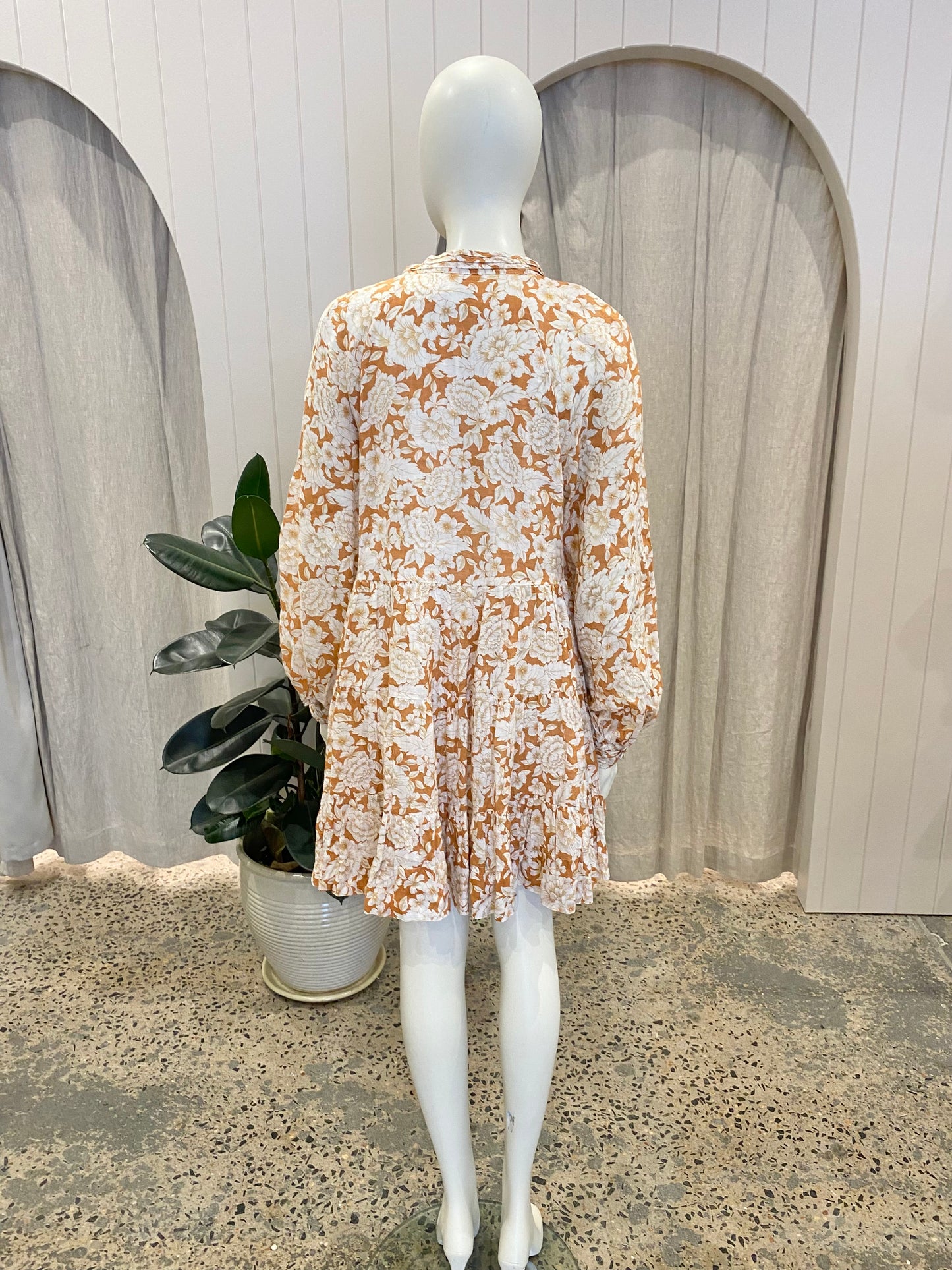 Shona Joy Flor Balloon Sleeve Pin Tuck Tiered Mini Dress - Size 10