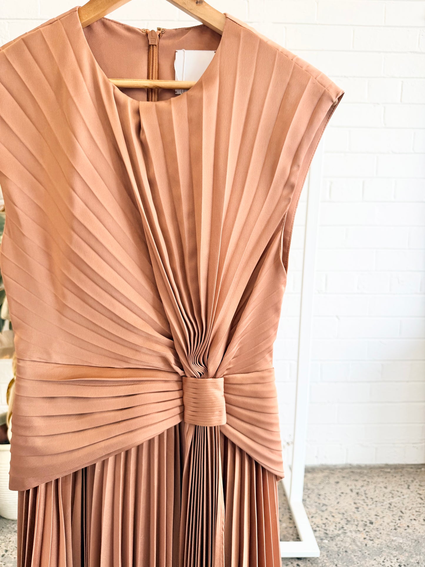 Acler Bronze Mossburn Pleated Satin Dress - Size 8