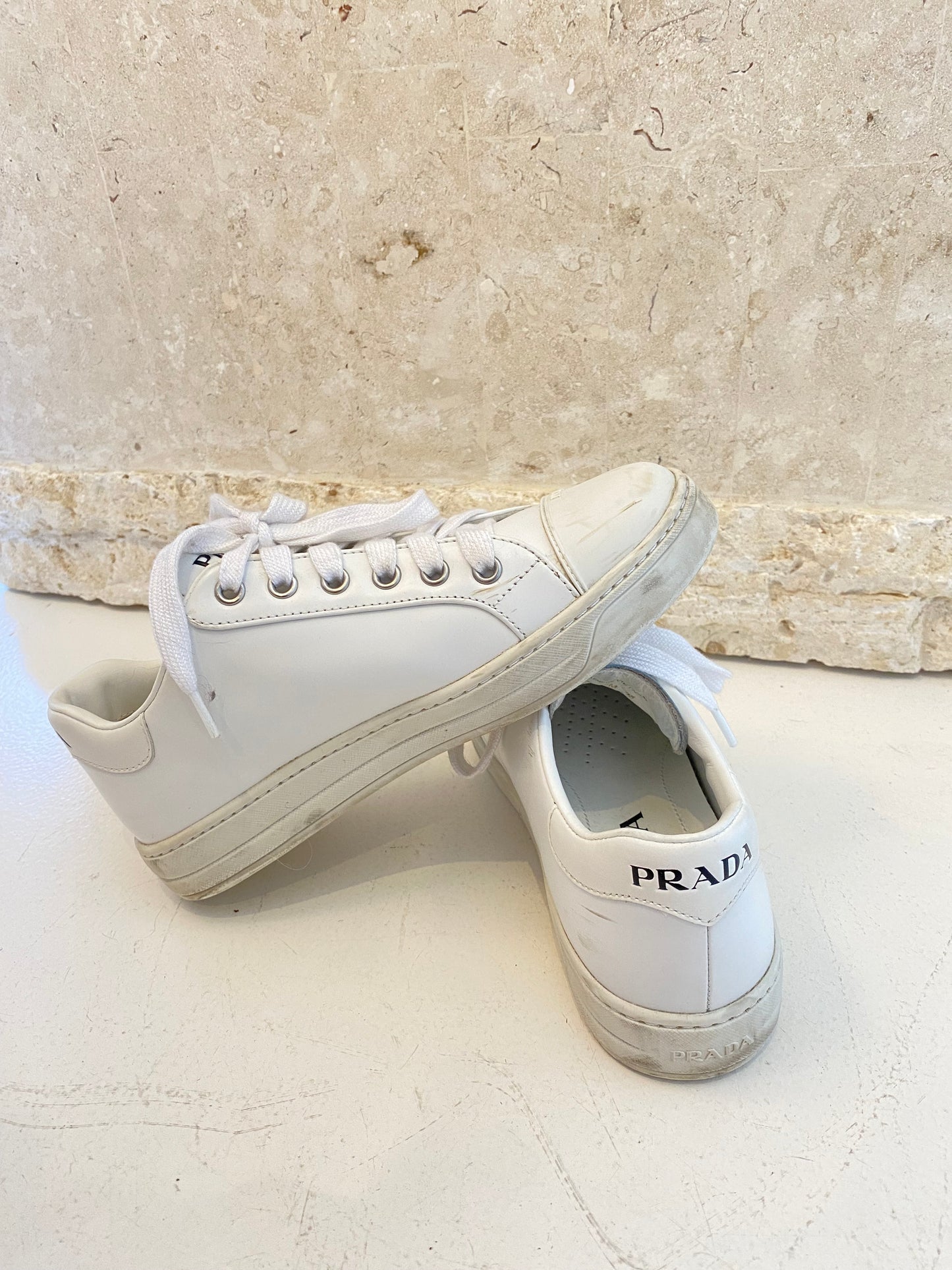 Prada White Brushed Logo Sneakers - Size 35