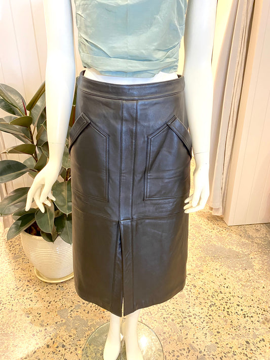 Ena Pelly Black Leather Midi Skirt - Size 8