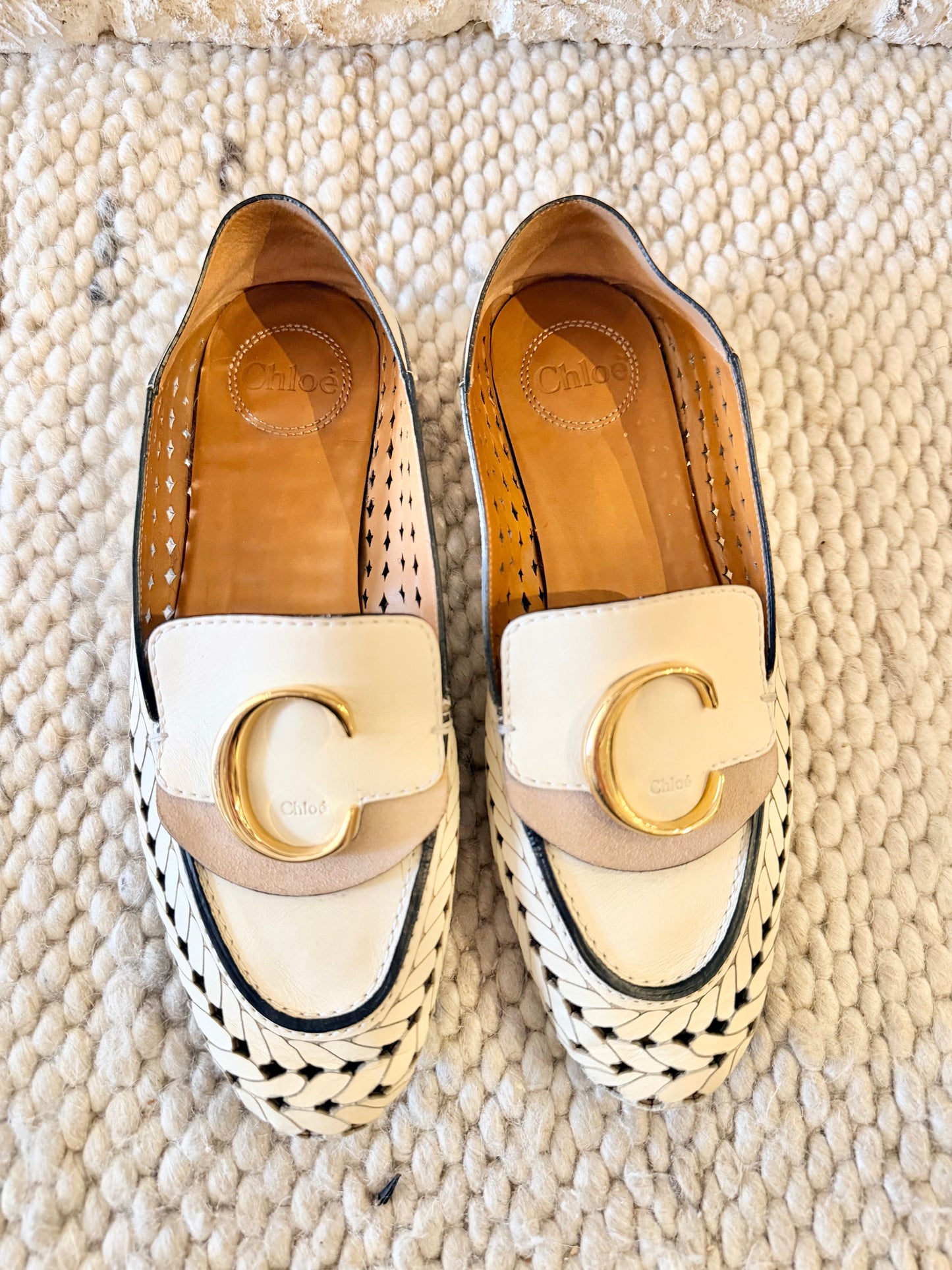 Chloe Cream C Woven Leather Loafers - Size 38
