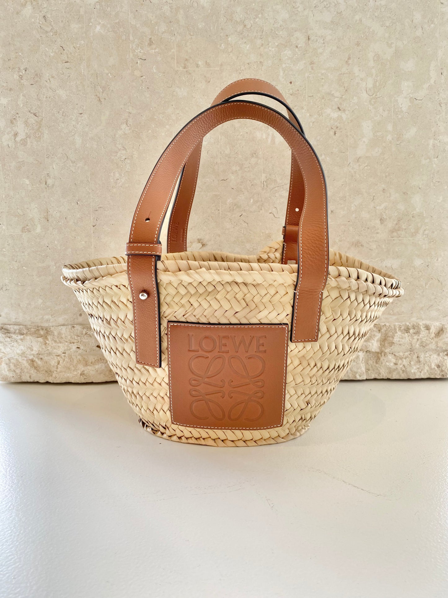 Loewe Small Leather Trimmed Woven Raffia Tote