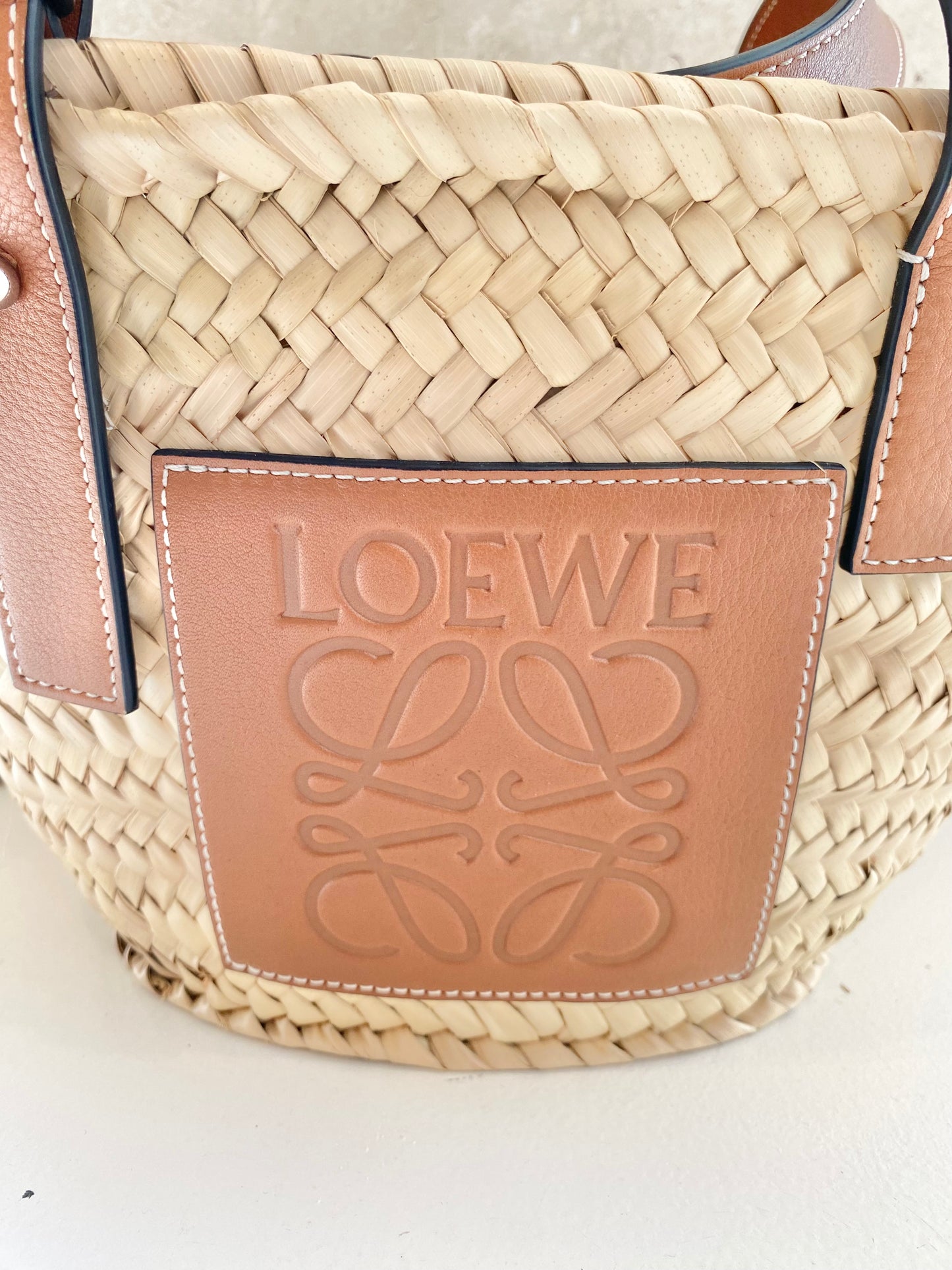 Loewe Small Leather Trimmed Woven Raffia Tote