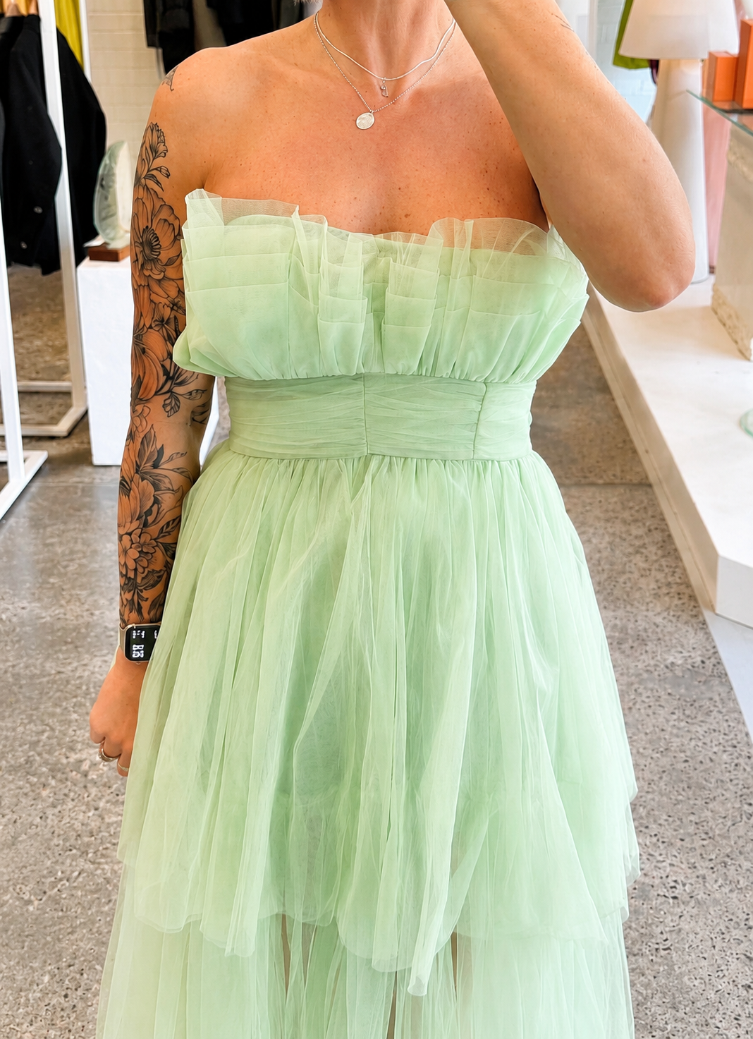 Lace & Beads Tulle Maxi Dress in Mint - Size 8