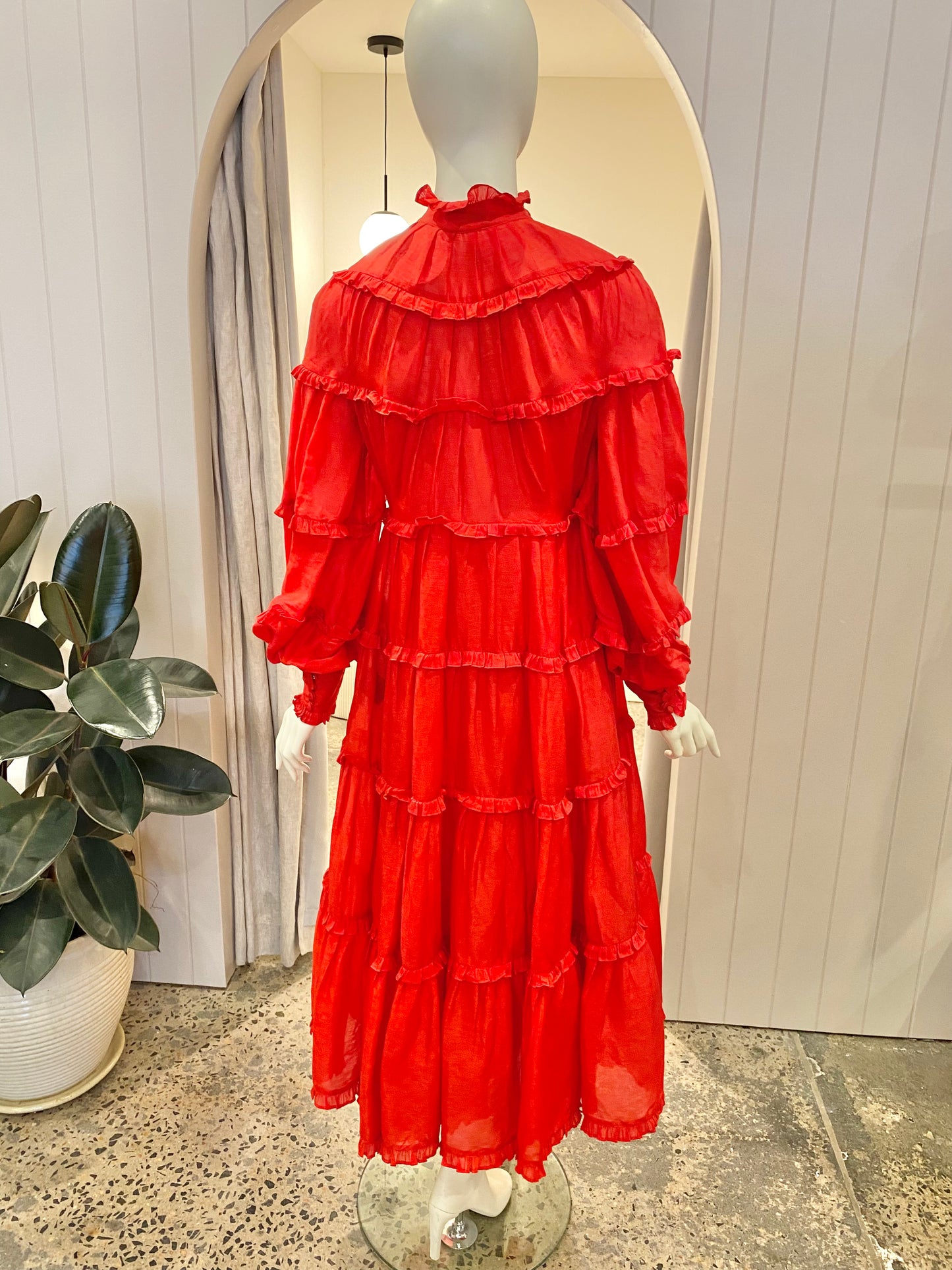 Leo Lin In The Flame Red Linen Silk Midi Dress - Size 10