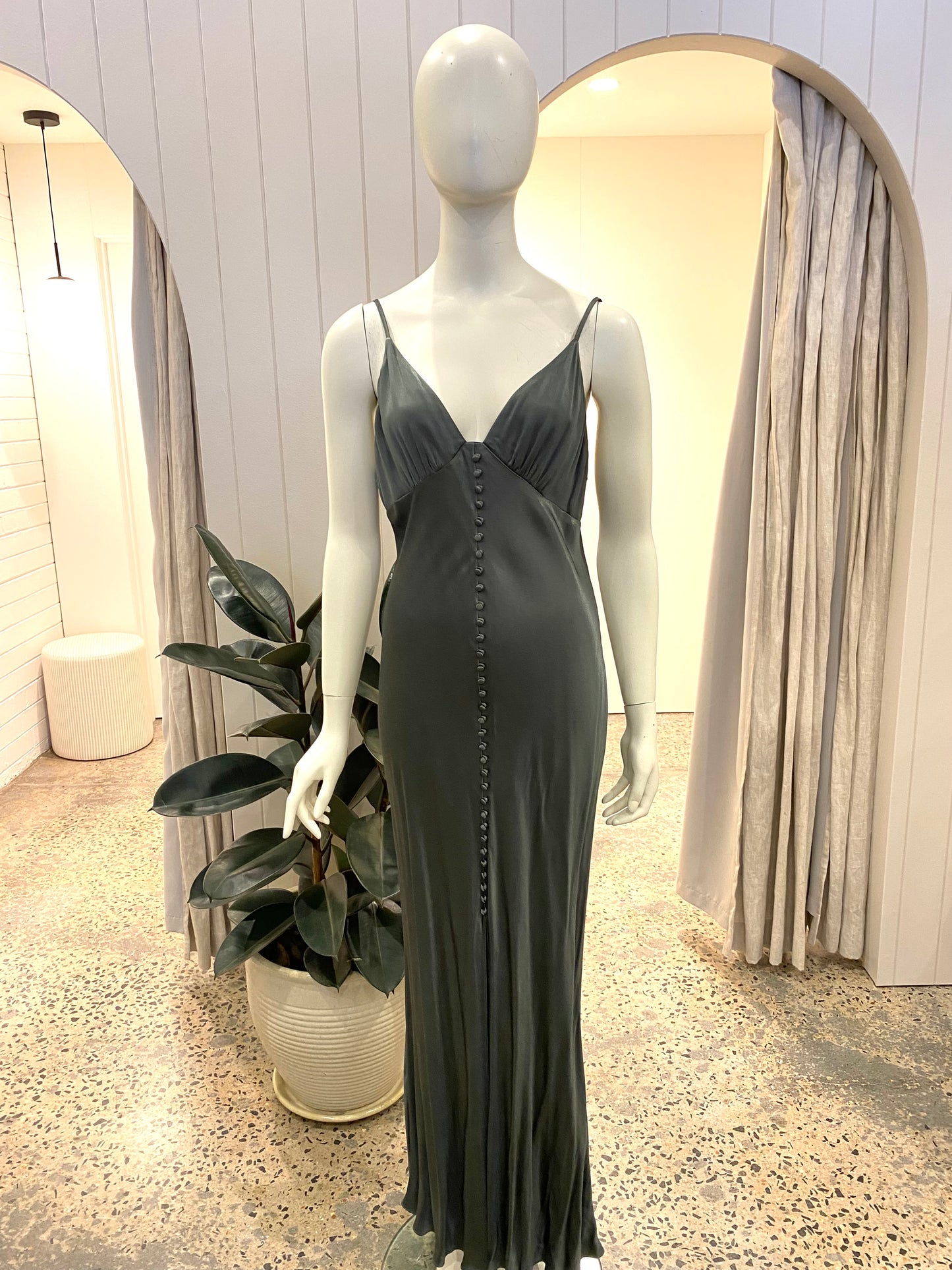 Shona Joy Khaki Plunged Drape Midi Dress - Size 6