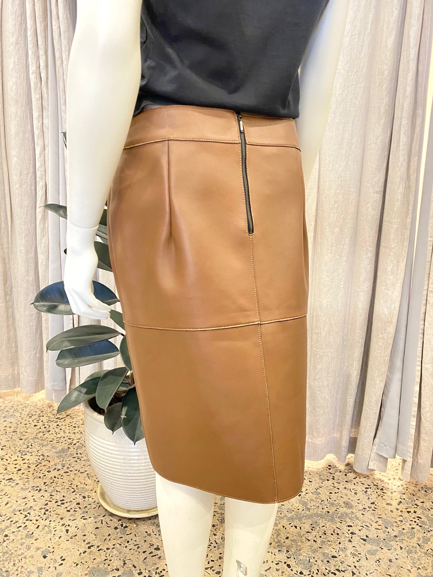 Korean Leather Midi Skirt in Tan - Size 10