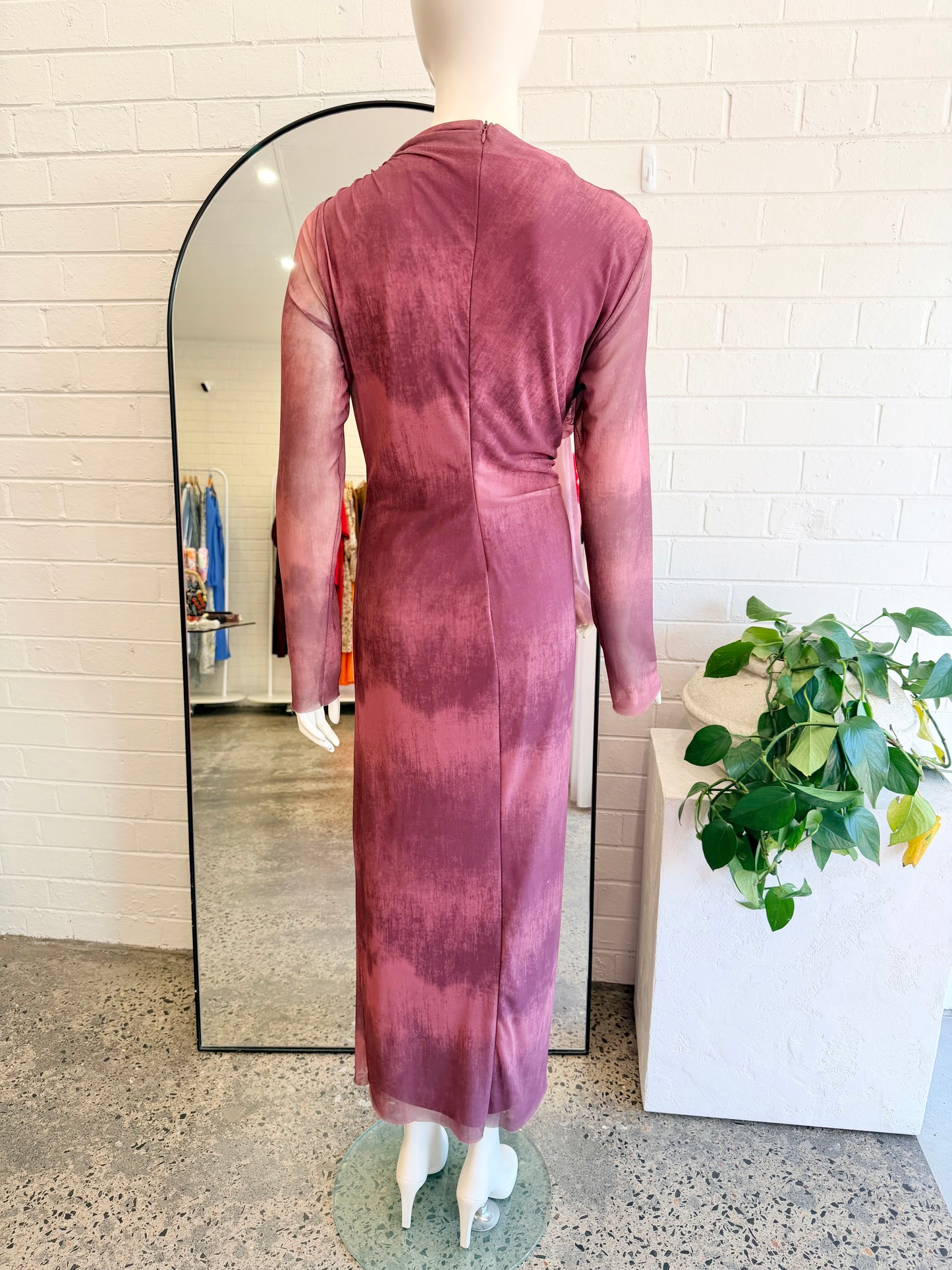 ZARA Mesh V Neck Maxi Dress in Burgundy - Size XL (14)
