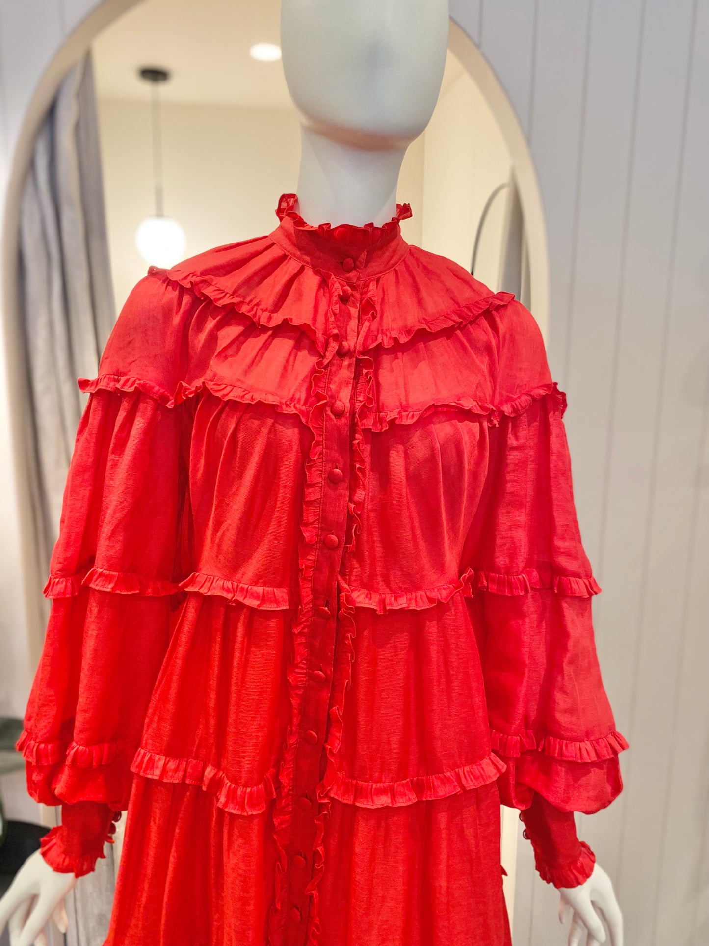 Leo Lin In The Flame Red Linen Silk Midi Dress - Size 10