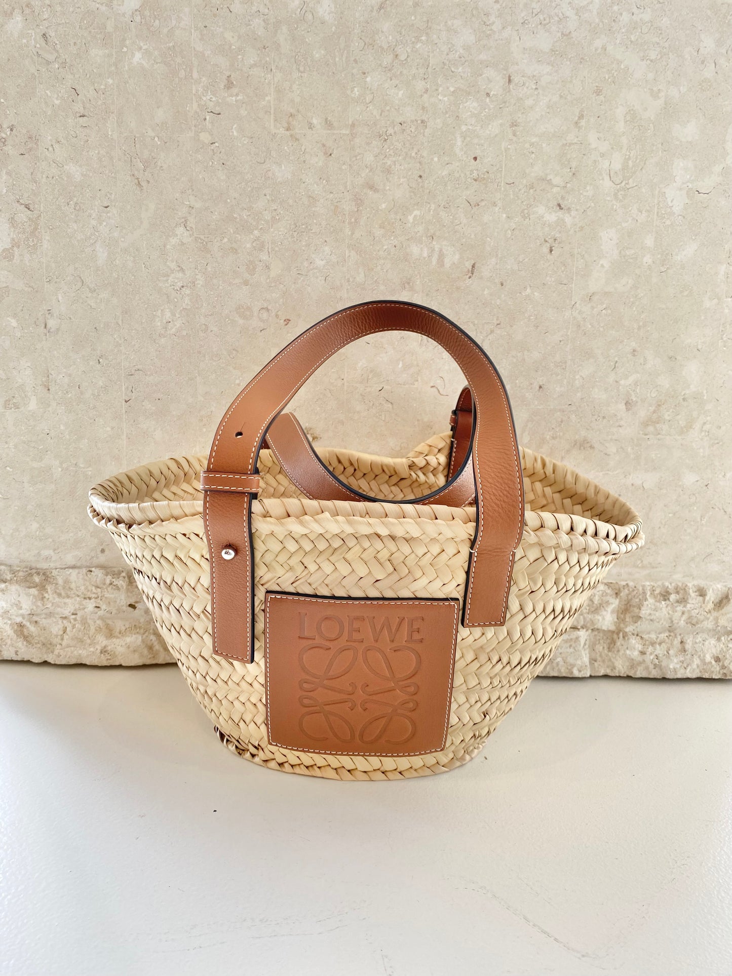 Loewe Small Leather Trimmed Woven Raffia Tote