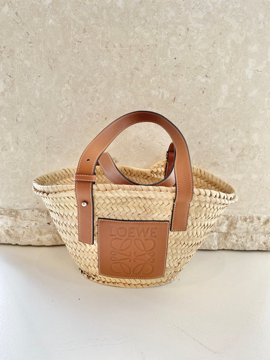 Loewe Small Leather Trimmed Woven Raffia Tote
