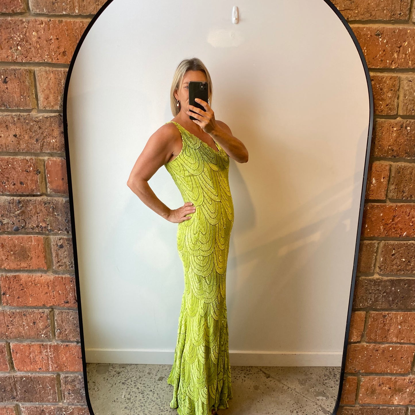 Rachel Gilbert Lime Mermaid Sequin Maxi Dress - Size 8