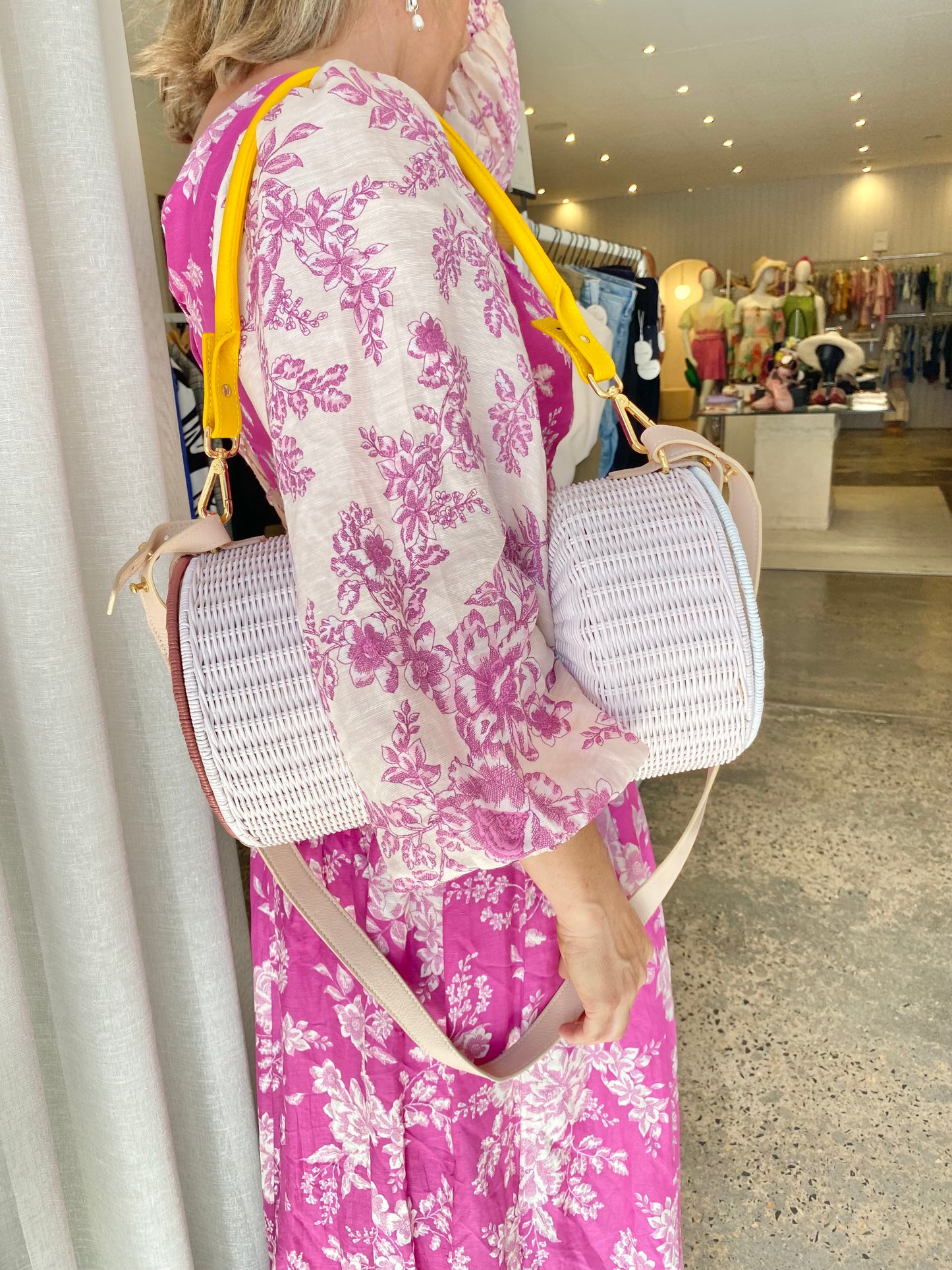 Lucy Folk Dumbell Wicker Bag in Blush