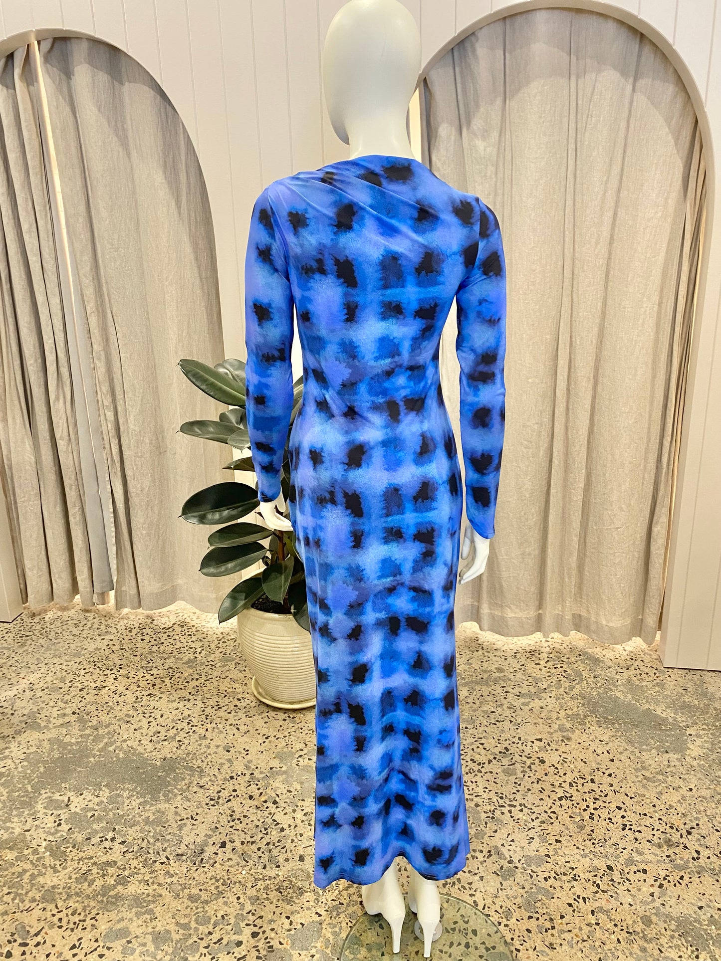 Suboo Blue Shibori Long Sleeve Rushed Maxi Dress - Size M