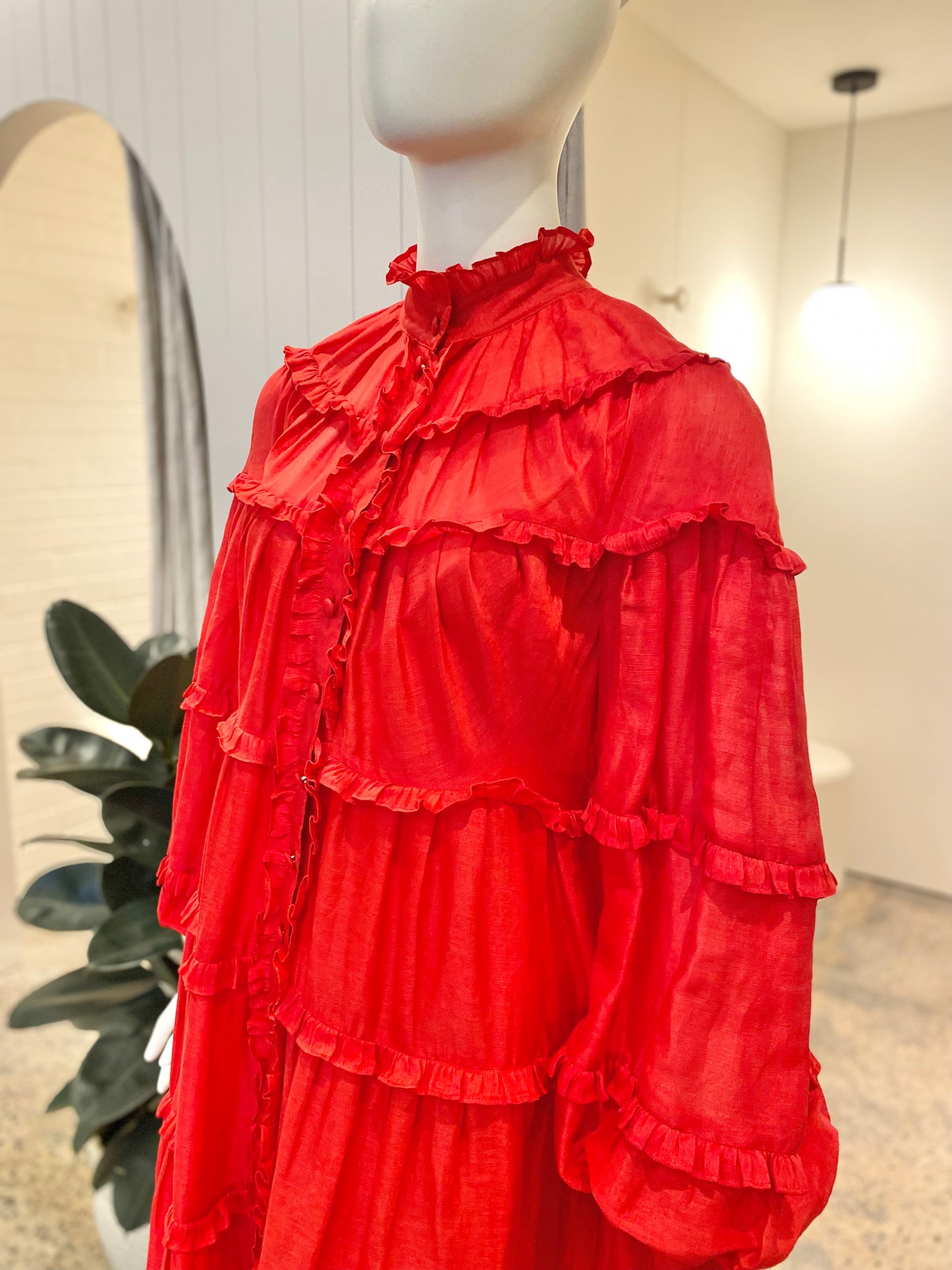 Leo Lin In The Flame Red Linen Silk Midi Dress - Size 10