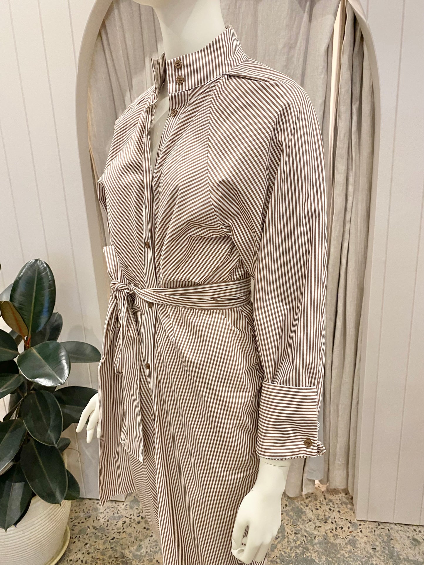 Husk Stripe Shirt Dress in Tan/White - Size 8