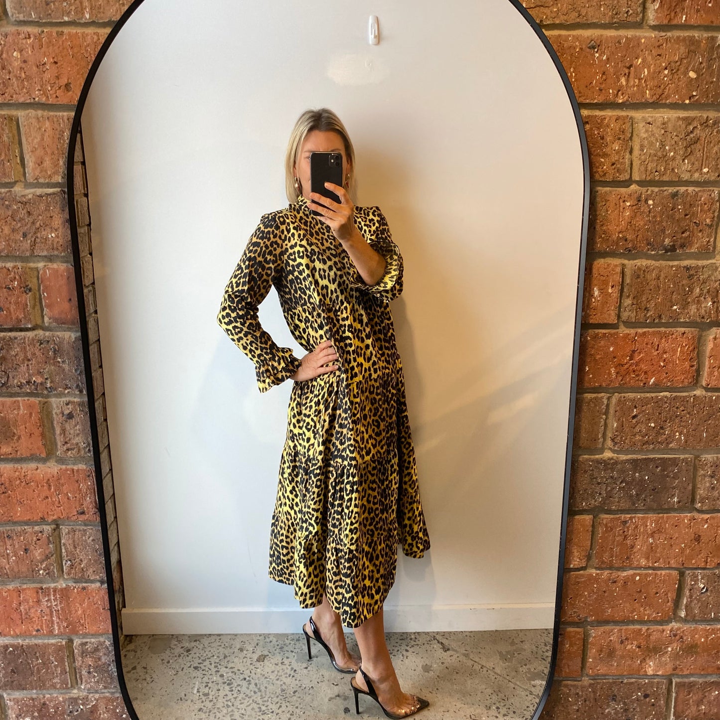 Ganni Yellow Leopard Print Midi Dress - Size 10