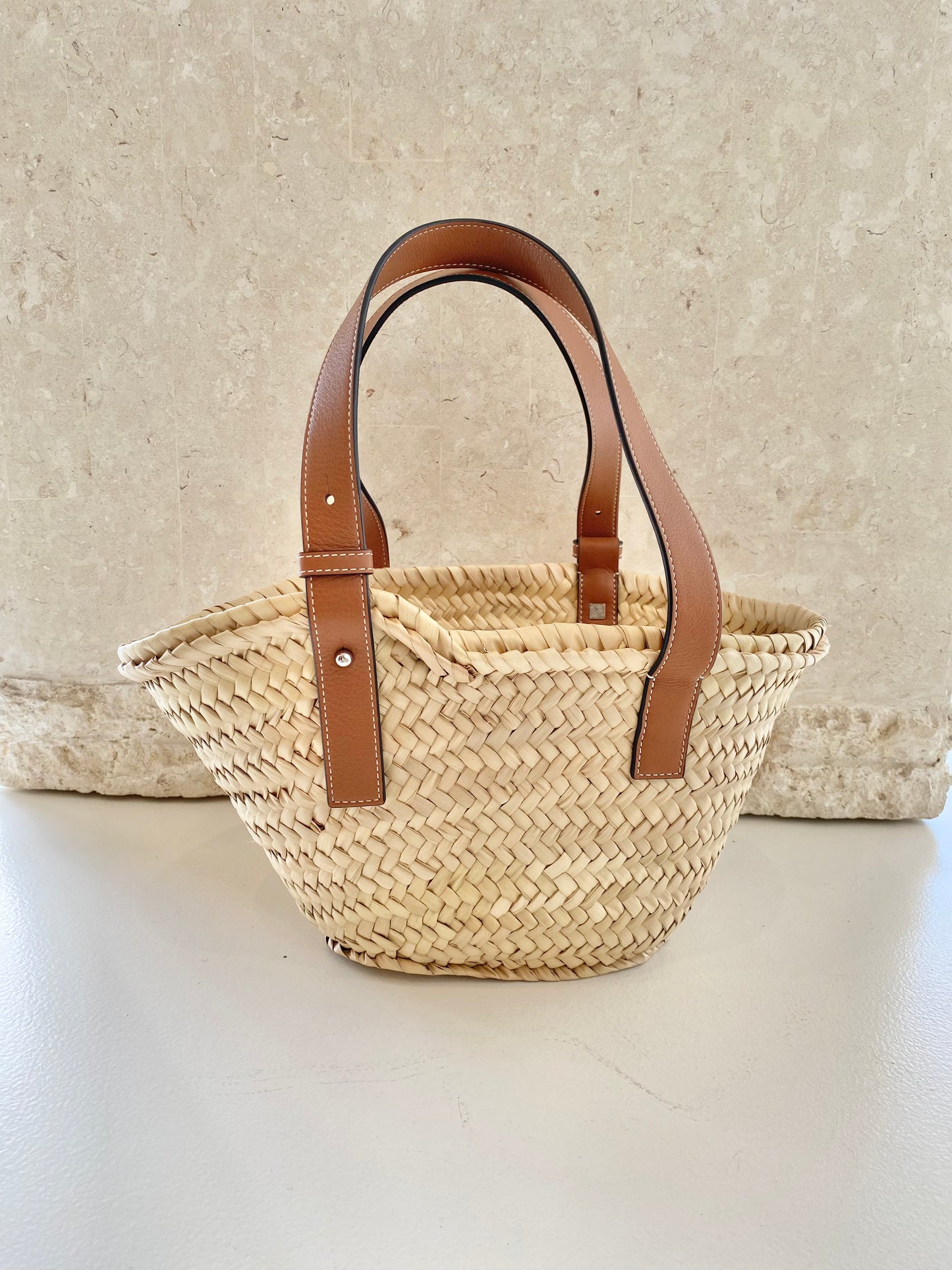 Loewe Small Leather Trimmed Woven Raffia Tote