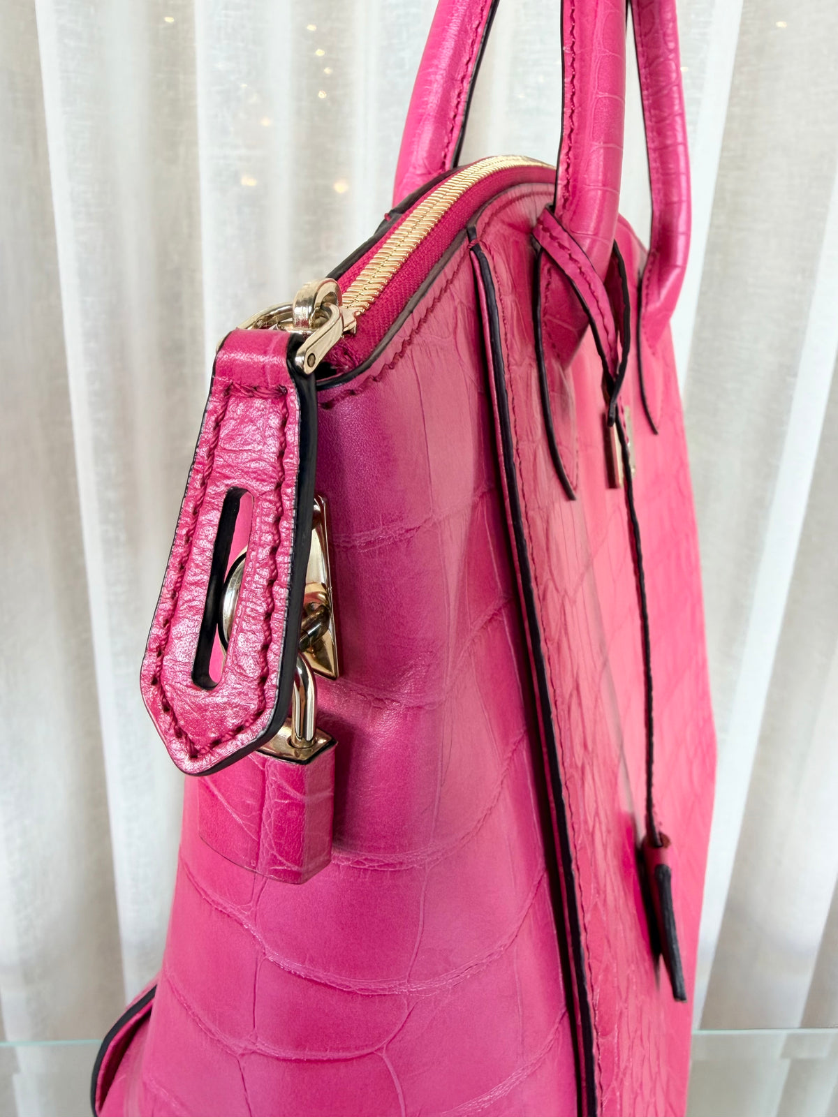 MCM Hot Pink Munchen Crocodile Embossed Leather Satchel Bag