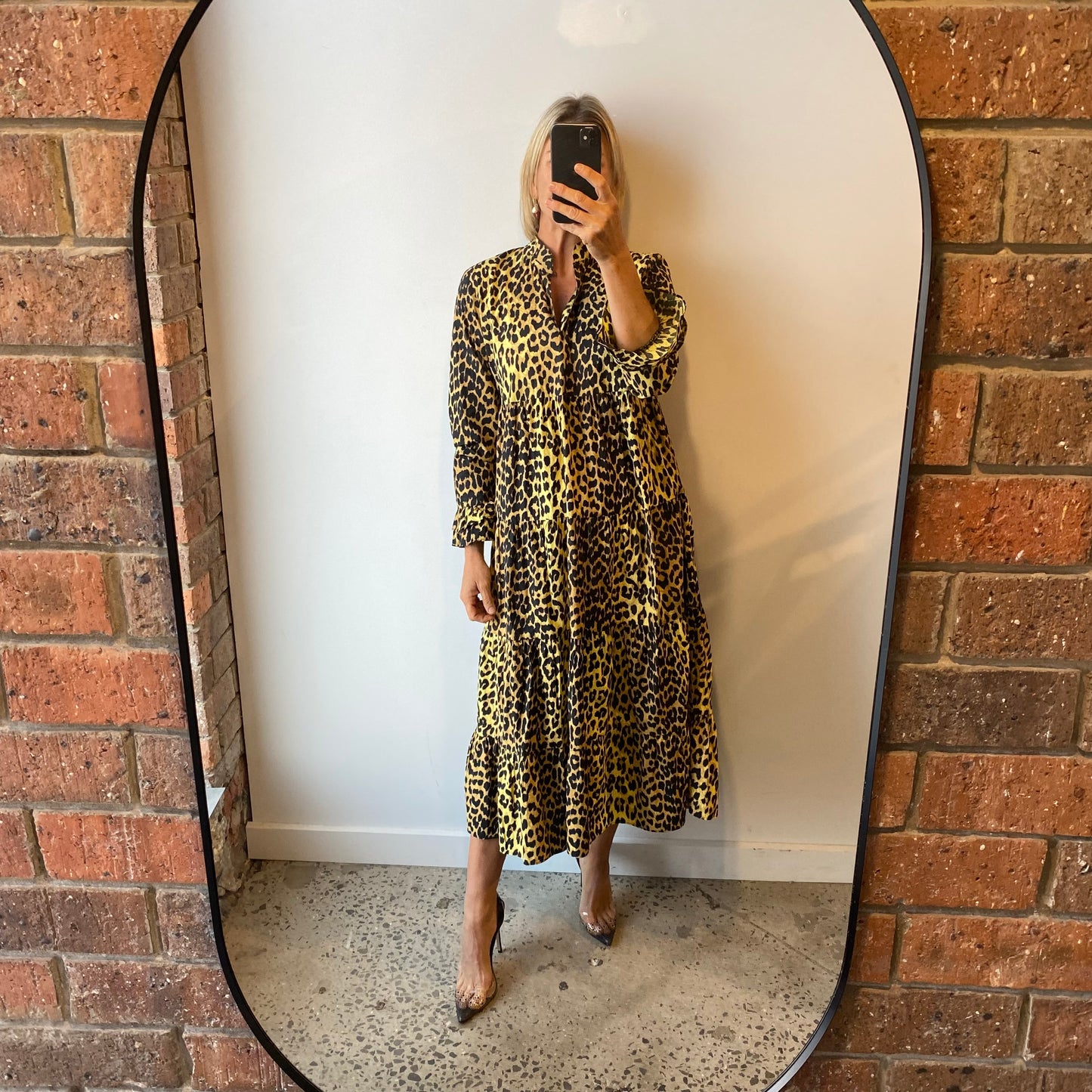 Ganni Yellow Leopard Print Midi Dress - Size 10