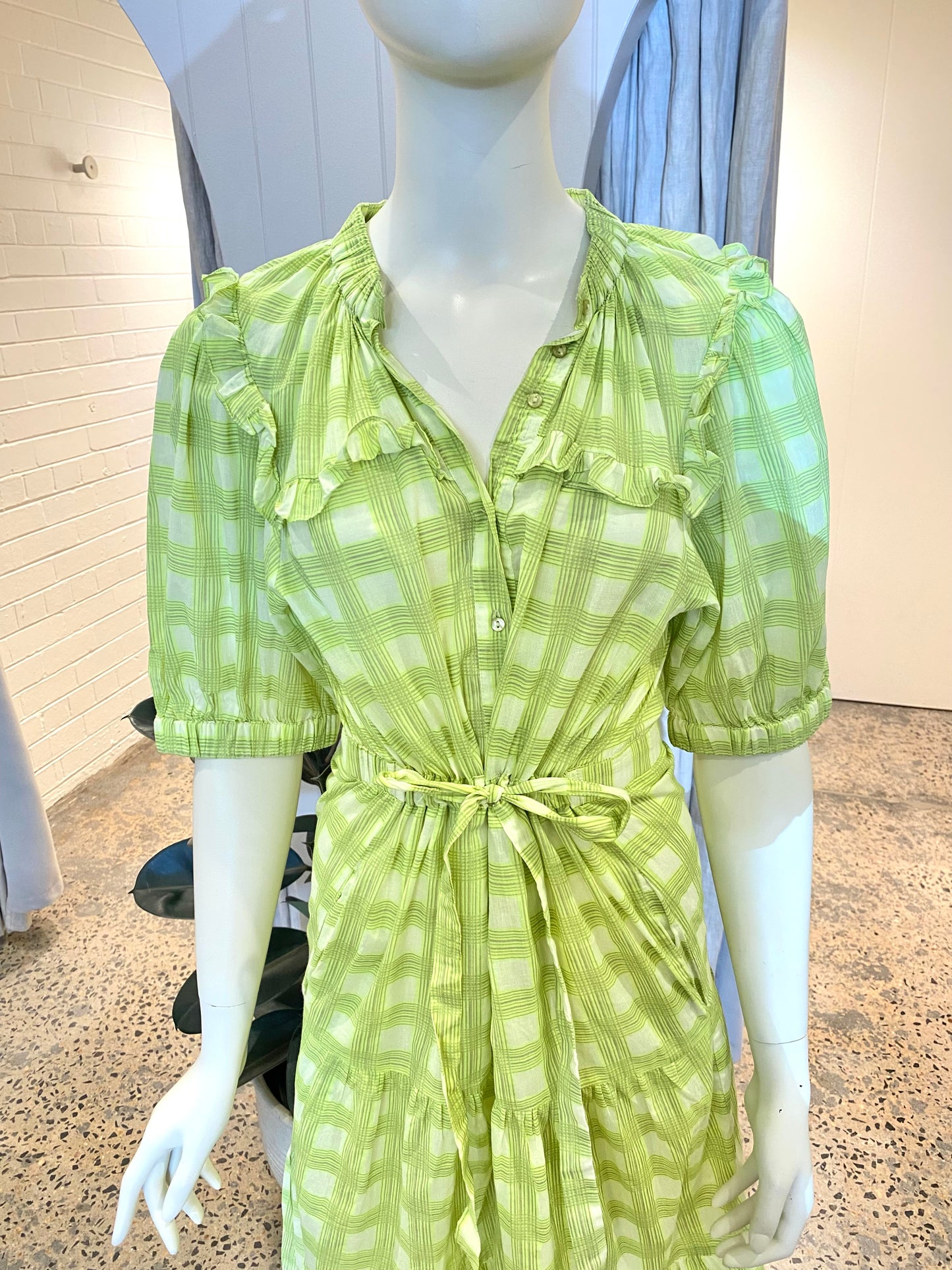 Lola Pacific Midi Dress in Green Check - Size 8