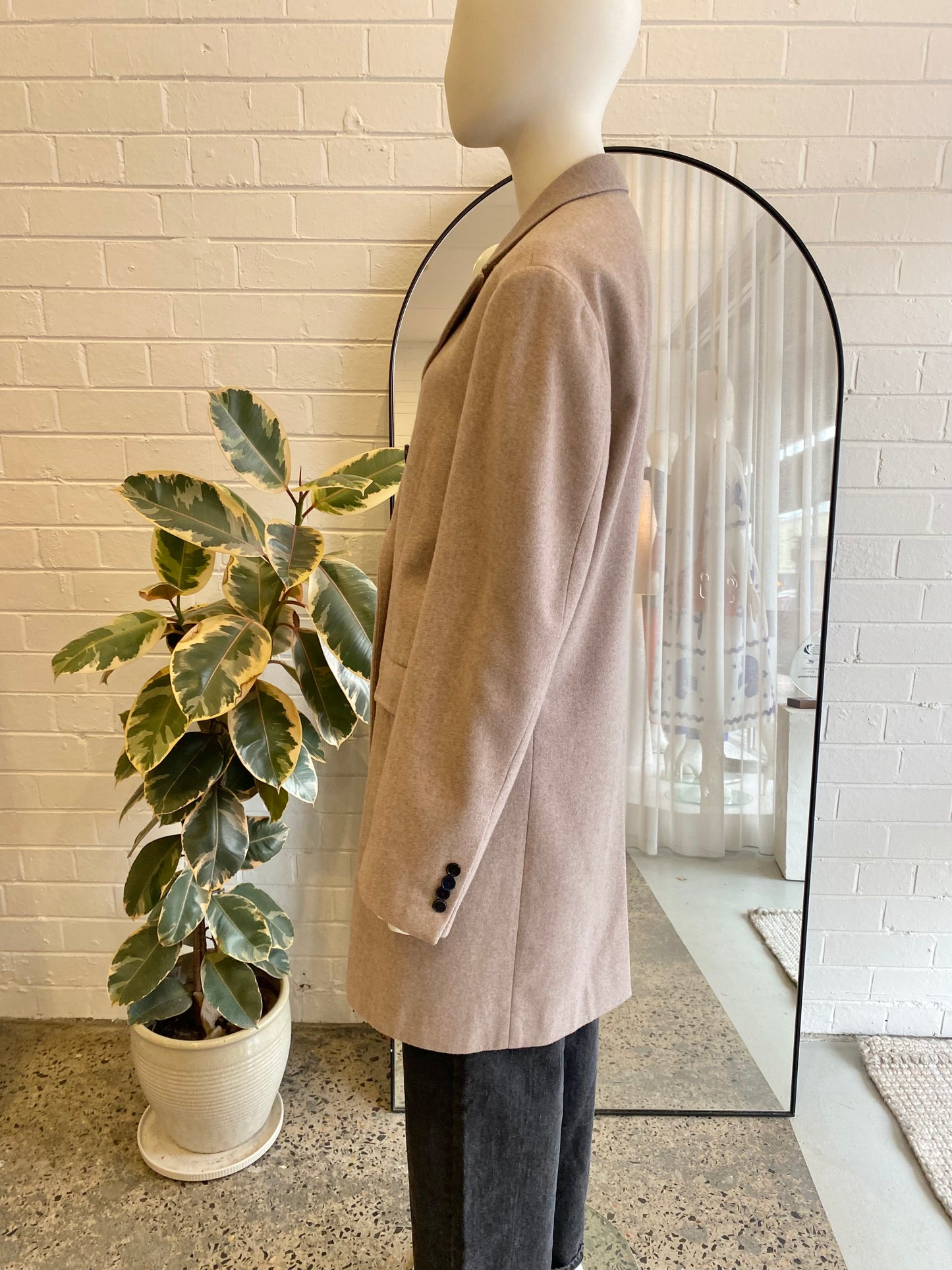 Custom Made Taupe Wool Double Breasted Coat - Size 12