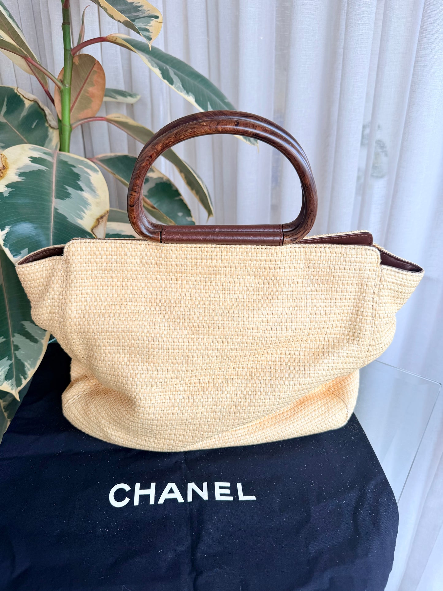 Vintage Chanel Raffia Woden Handle Tote Bag