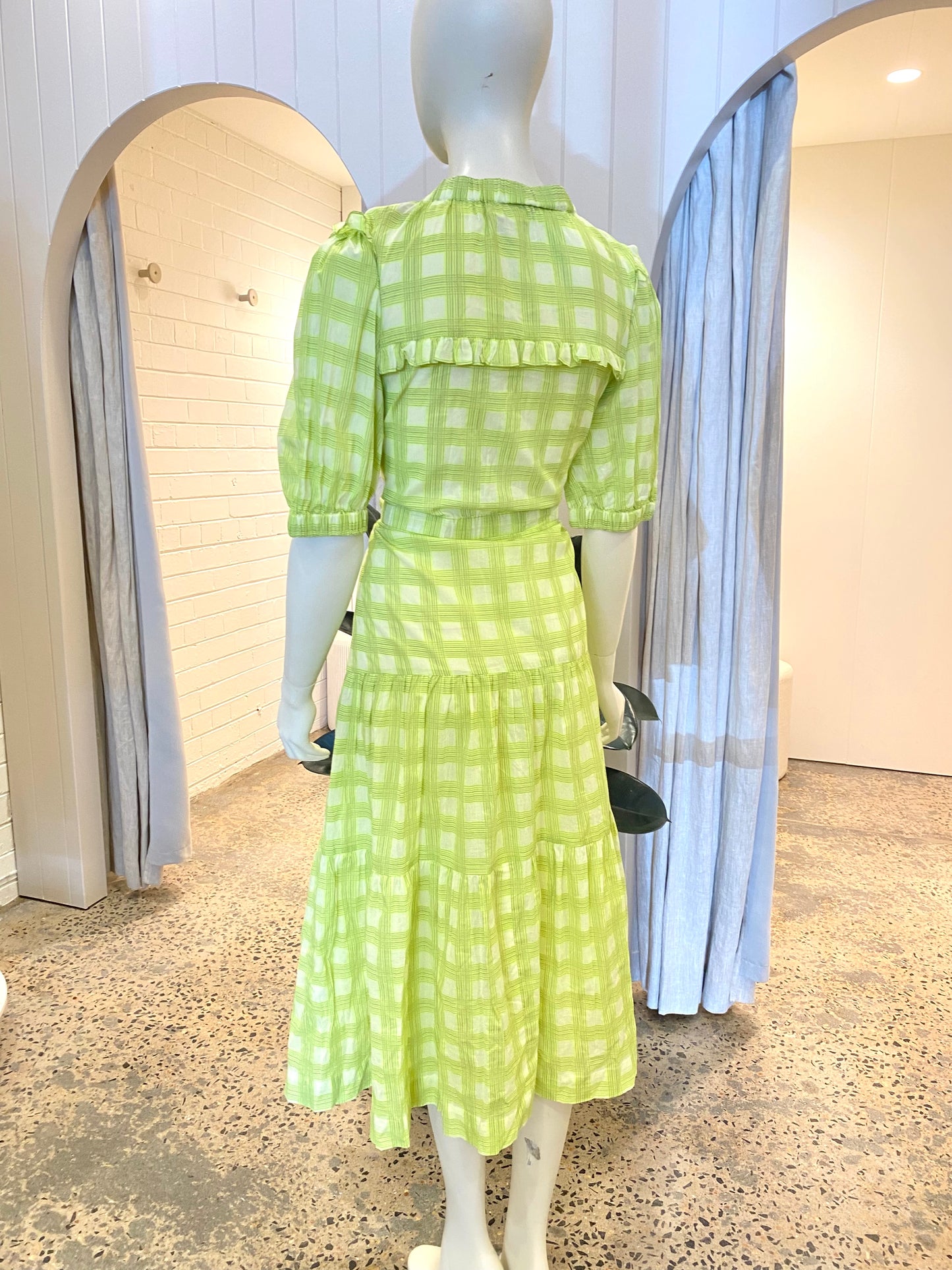 Lola Pacific Midi Dress in Green Check - Size 8