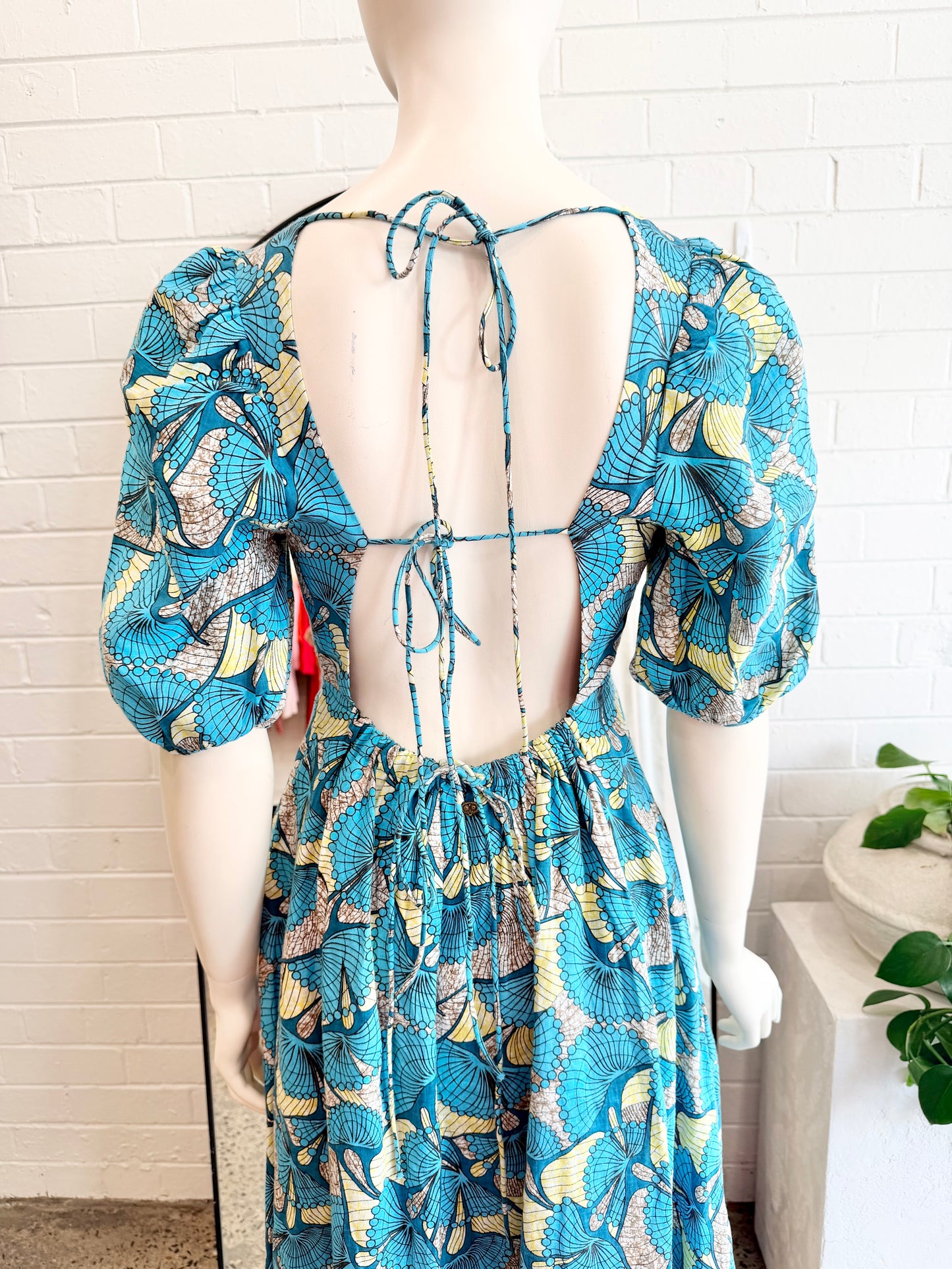 The Story of Us Blue and Green Backless Linen Maxi Dress - Size 8