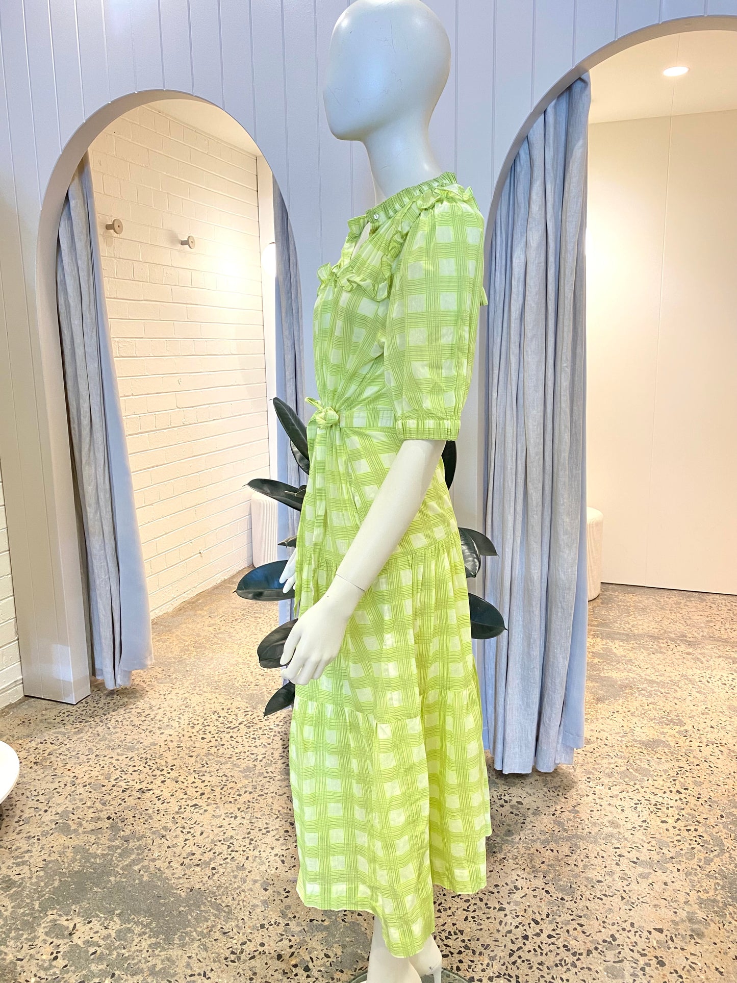 Lola Pacific Midi Dress in Green Check - Size 8
