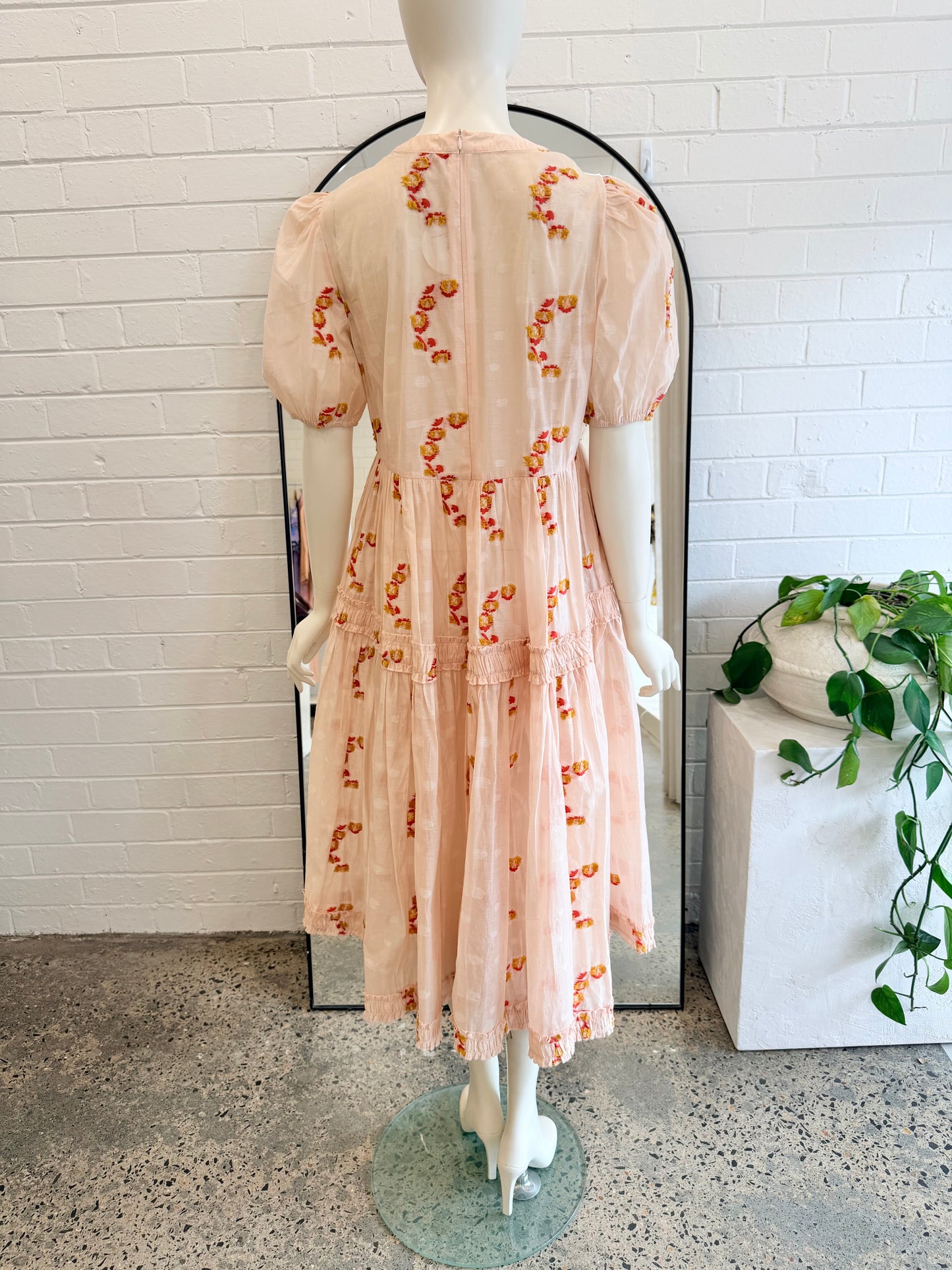 Trelise Cooper Blush Sheer Drama Midi Dress - Size S (8 - 10) - Pre-Loved Geelong