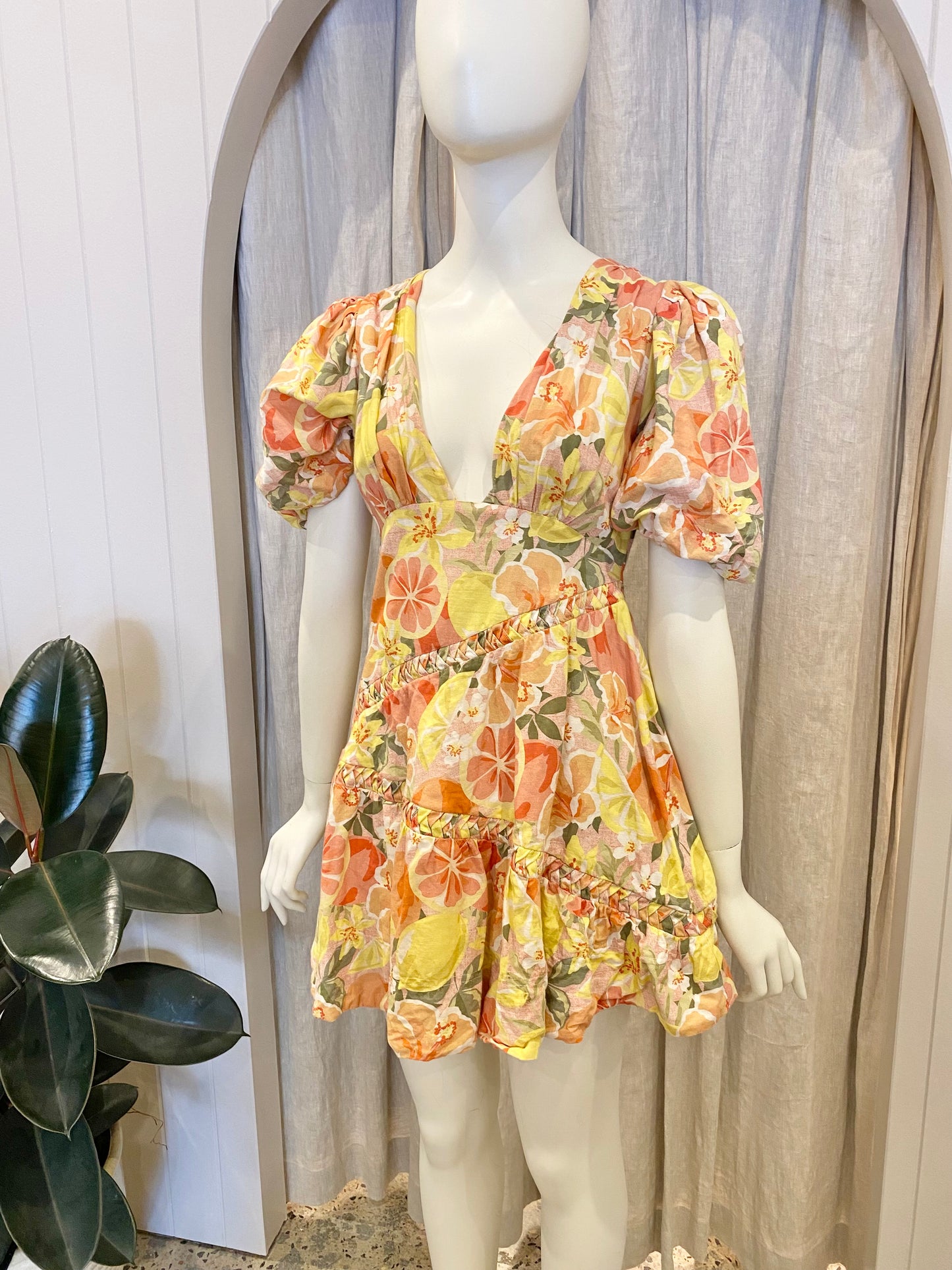 By Nicola Sol Citrus Puff Sleeve Mini Dress - Size 6
