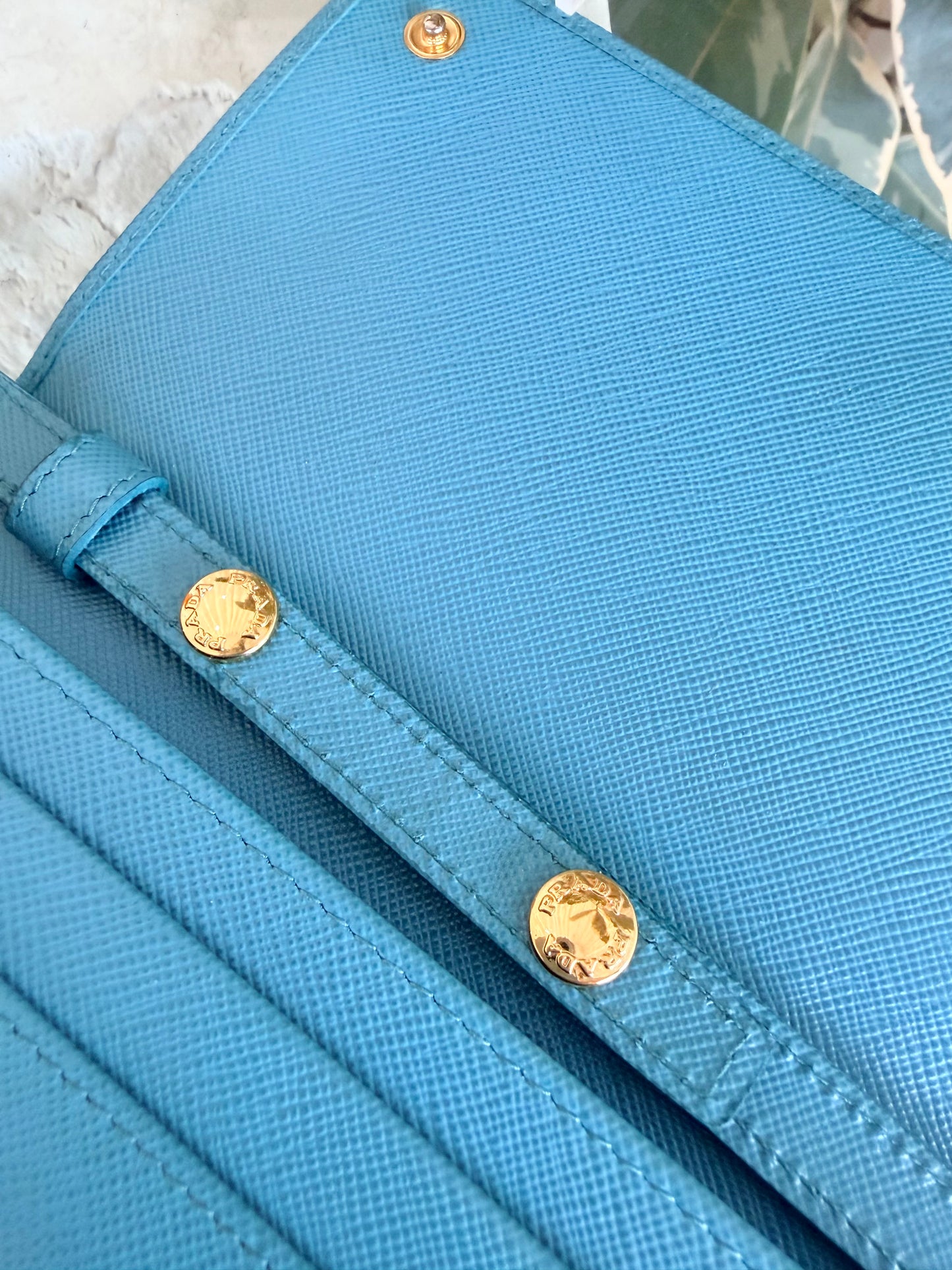 Prada Turquoise Saffiano Continental Flap Wallet on Chain