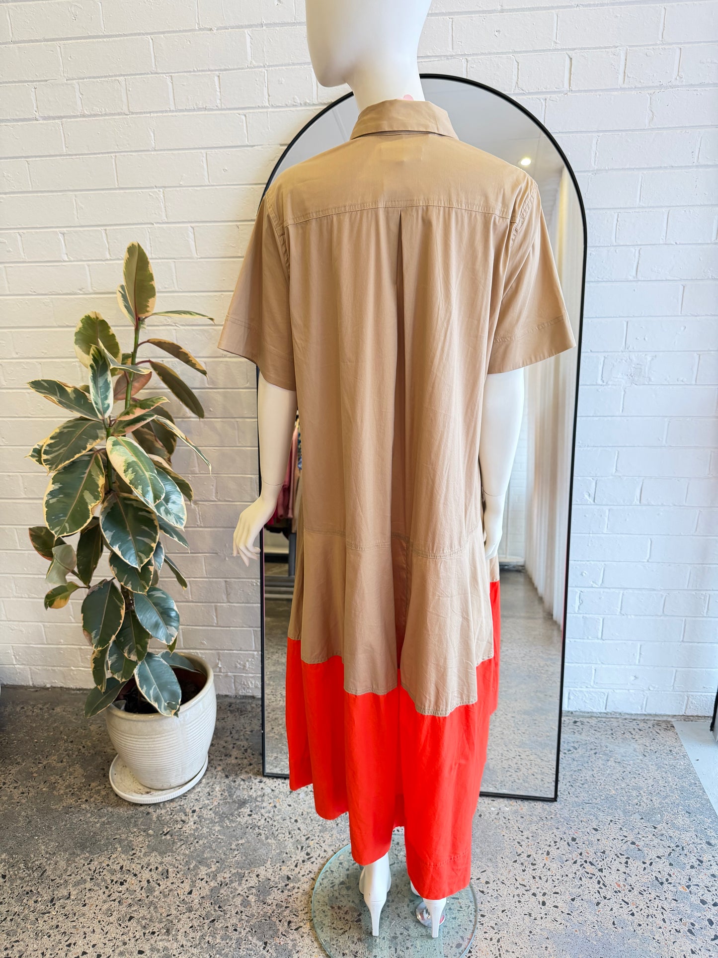 Lee Mathews Beige/Orange Charlotte Spliced Midi Dress - Size 4 (14)