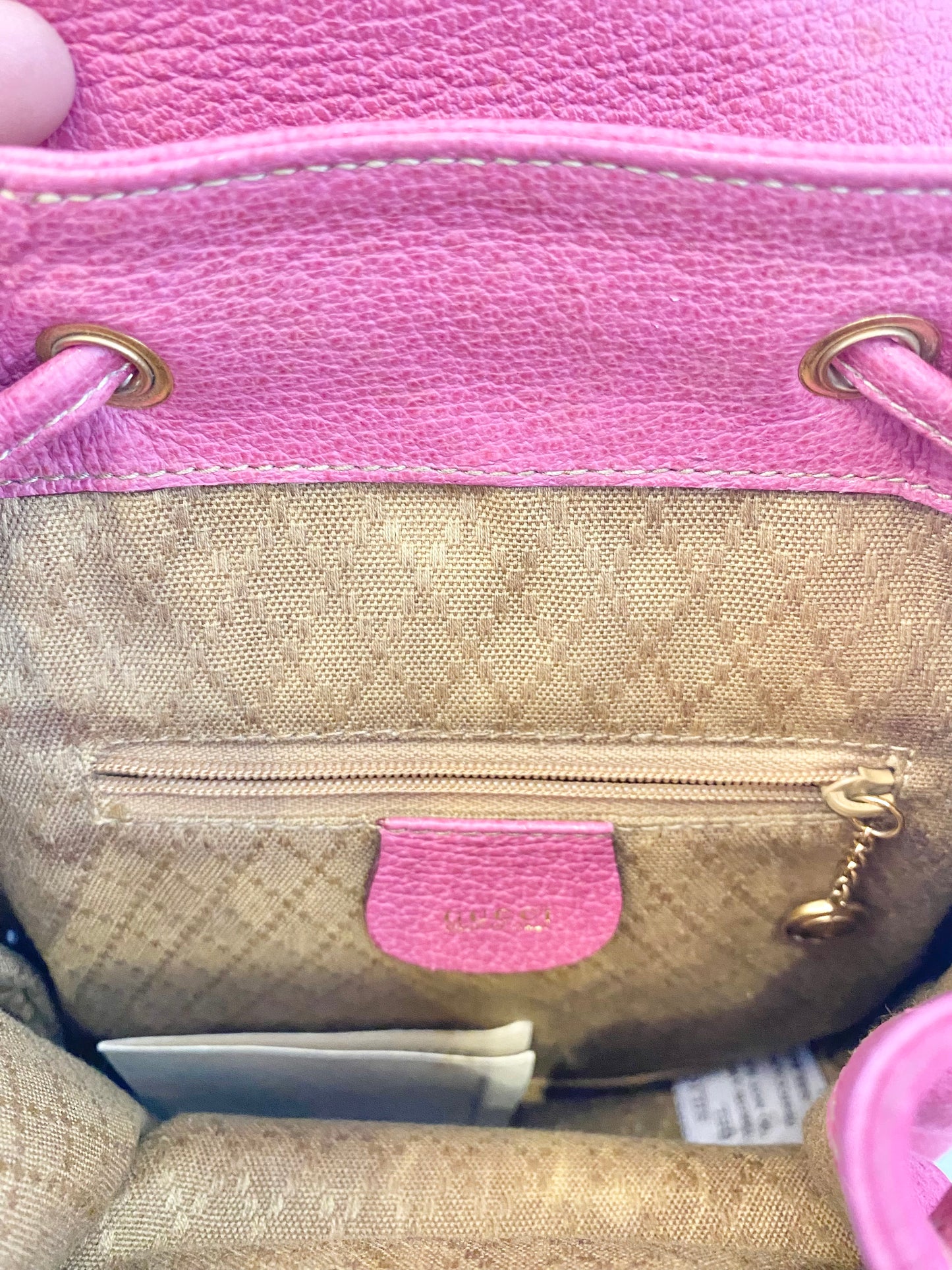 GUCCI Pink Suede Bamboo Drawstring Backpack