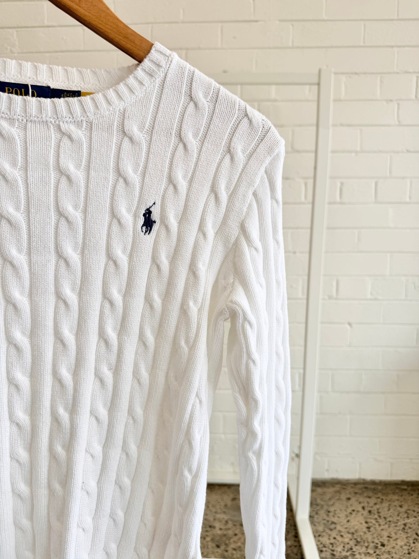 Polo Ralph Lauren White Cable Knit Jumper - Size M (6 - 8)
