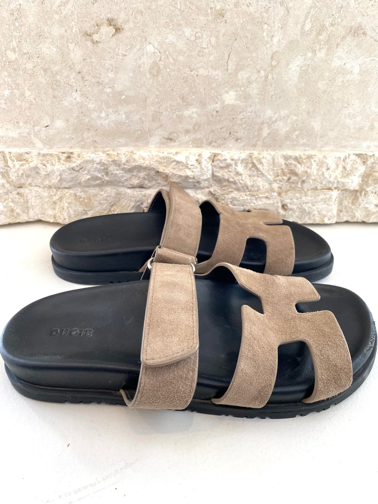 DUCIE 'Harley' Suede Slides in Mushroom - Size 40