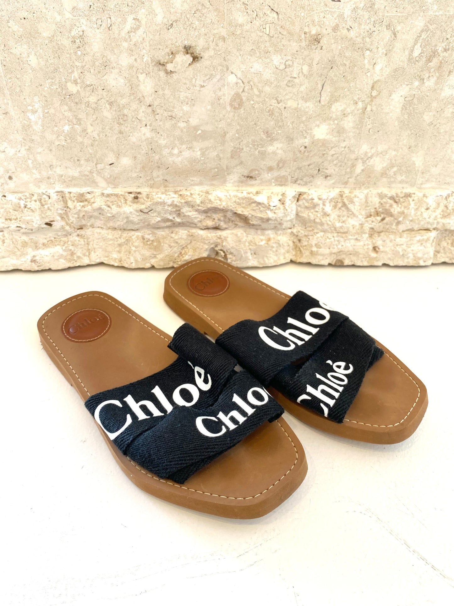 Chloe Black and Tan Woody Embroided Linen Slide - Size 38