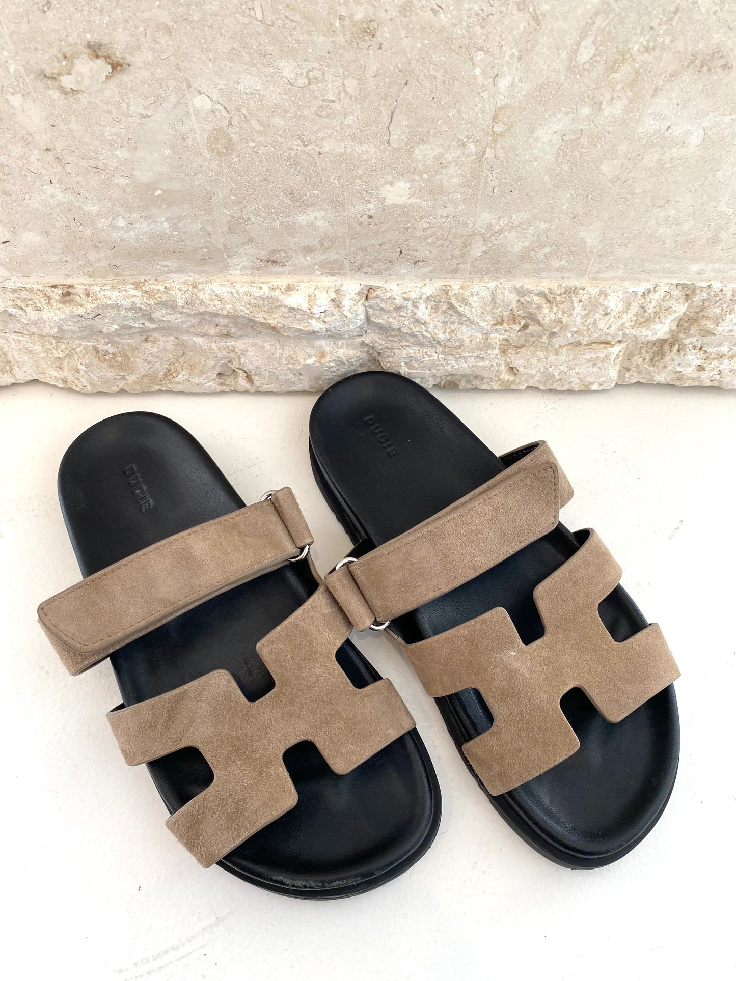 DUCIE 'Harley' Suede Slides in Mushroom - Size 40