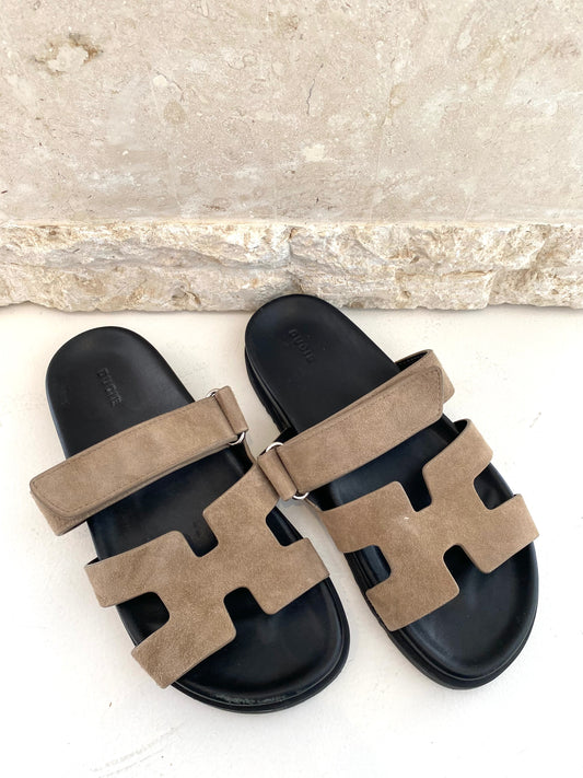 DUCIE 'Harley' Suede Slides in Mushroom - Size 40