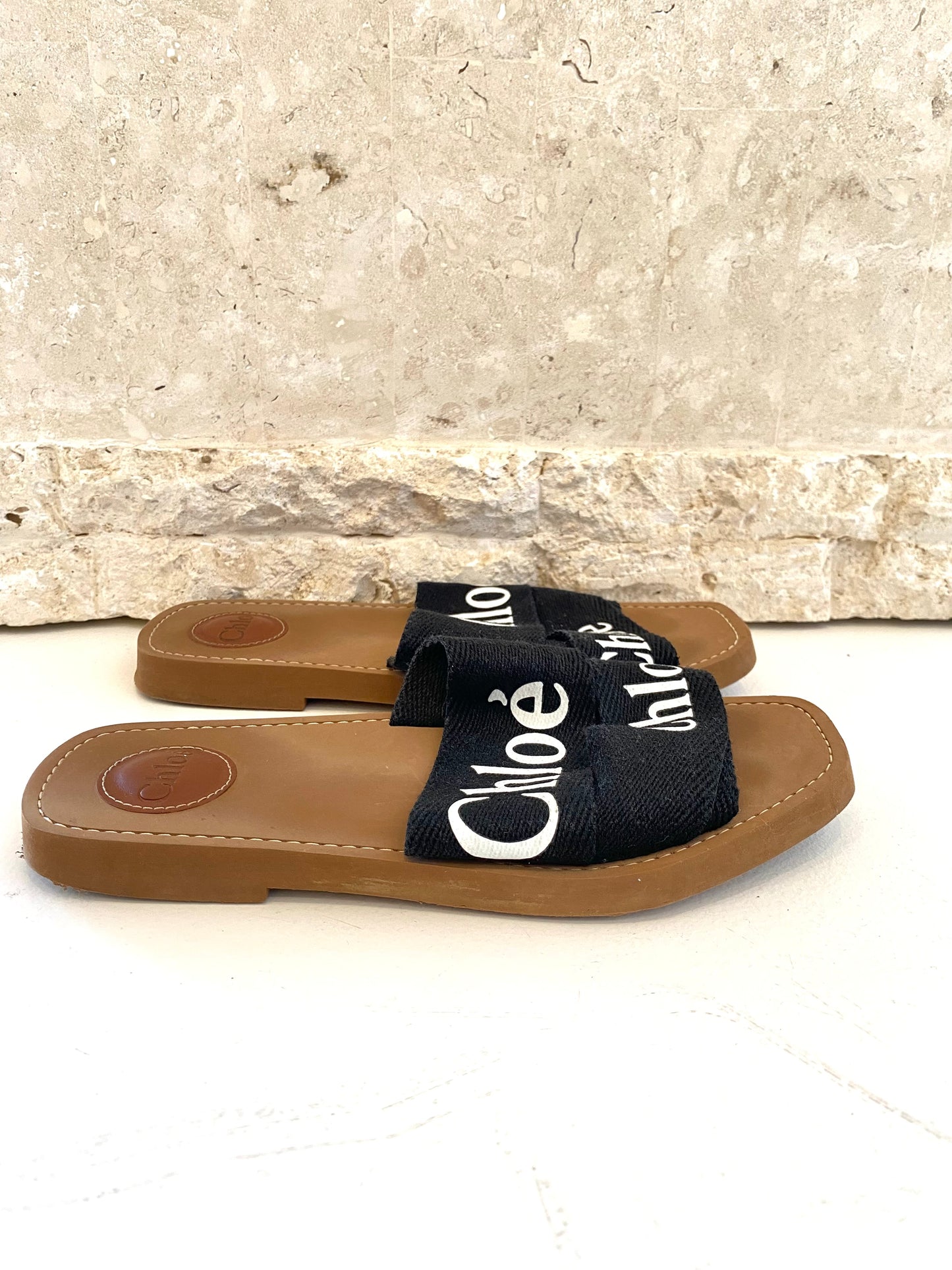 Chloe Black and Tan Woody Embroided Linen Slide - Size 38