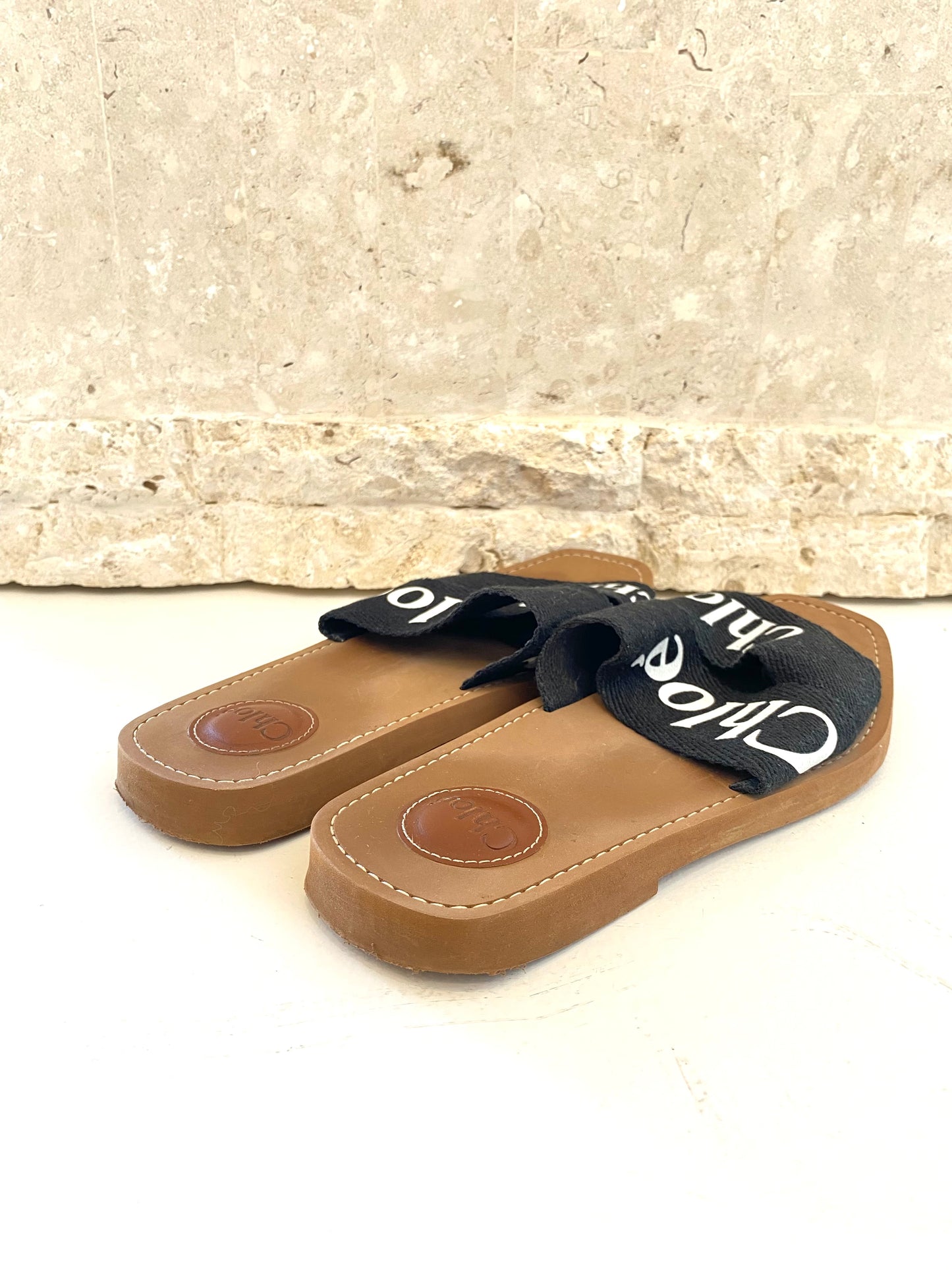 Chloe Black and Tan Woody Embroided Linen Slide - Size 38