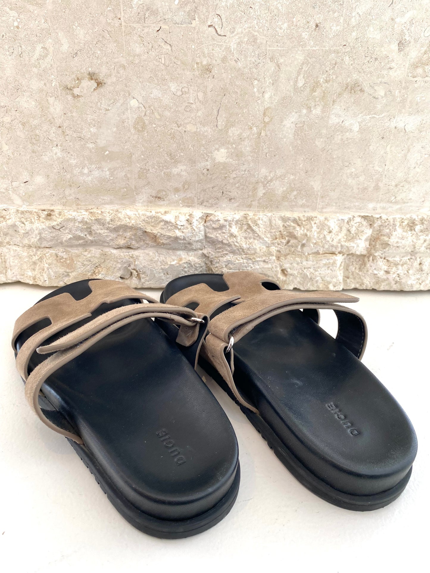 DUCIE 'Harley' Suede Slides in Mushroom - Size 40