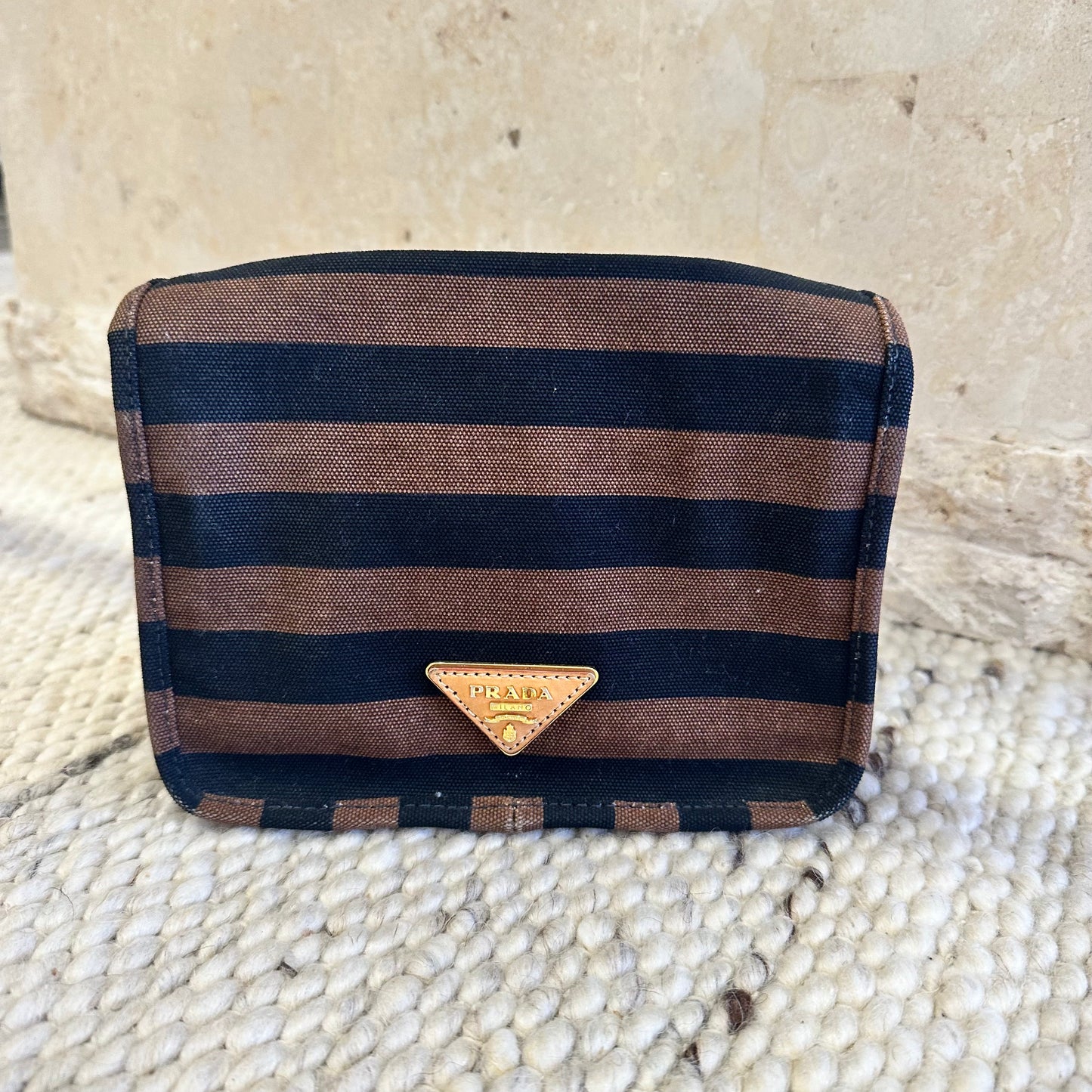 PRADA Canvas Canapa Righe Striped Shoulder Bag - Tobacco
