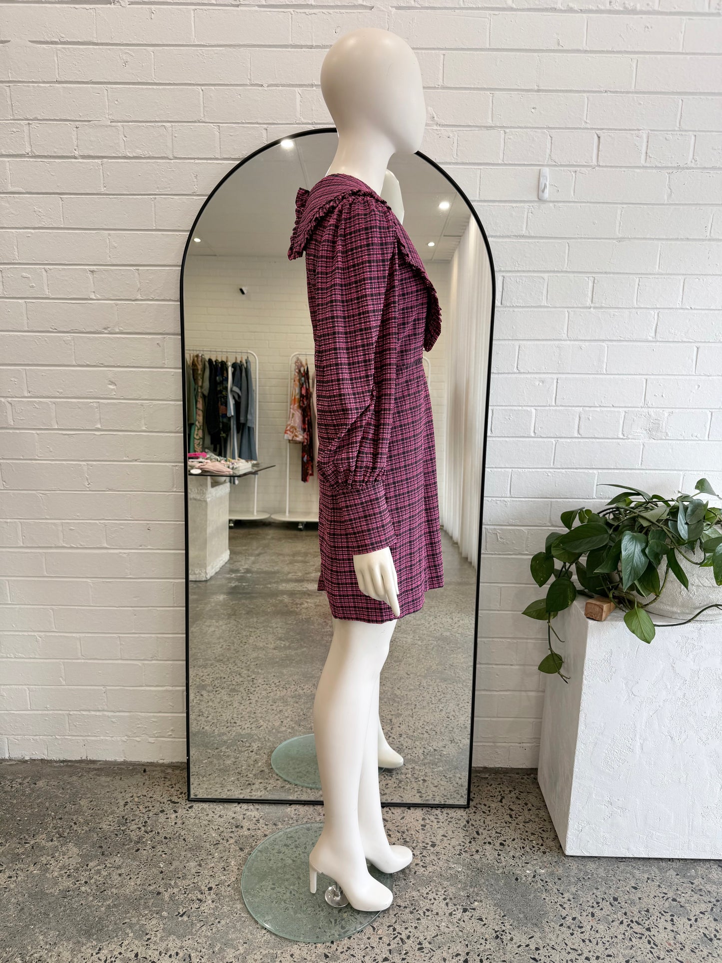 Ganni Plox Pink Check Seersucker Mini Dress - Size 10