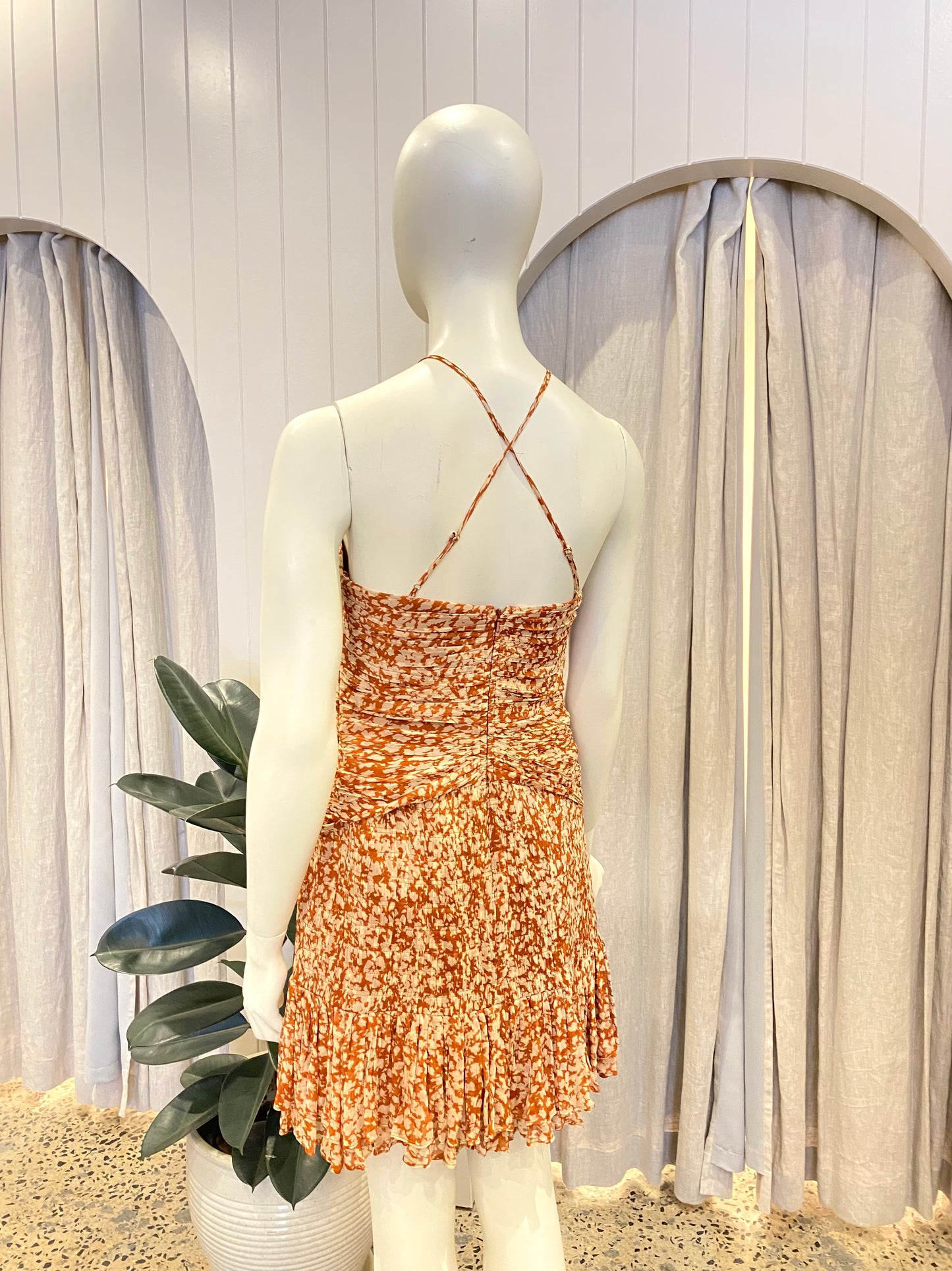 Shona Joy Orange Floral Hala Keyhole Halterneck Mini Dress - Size 12