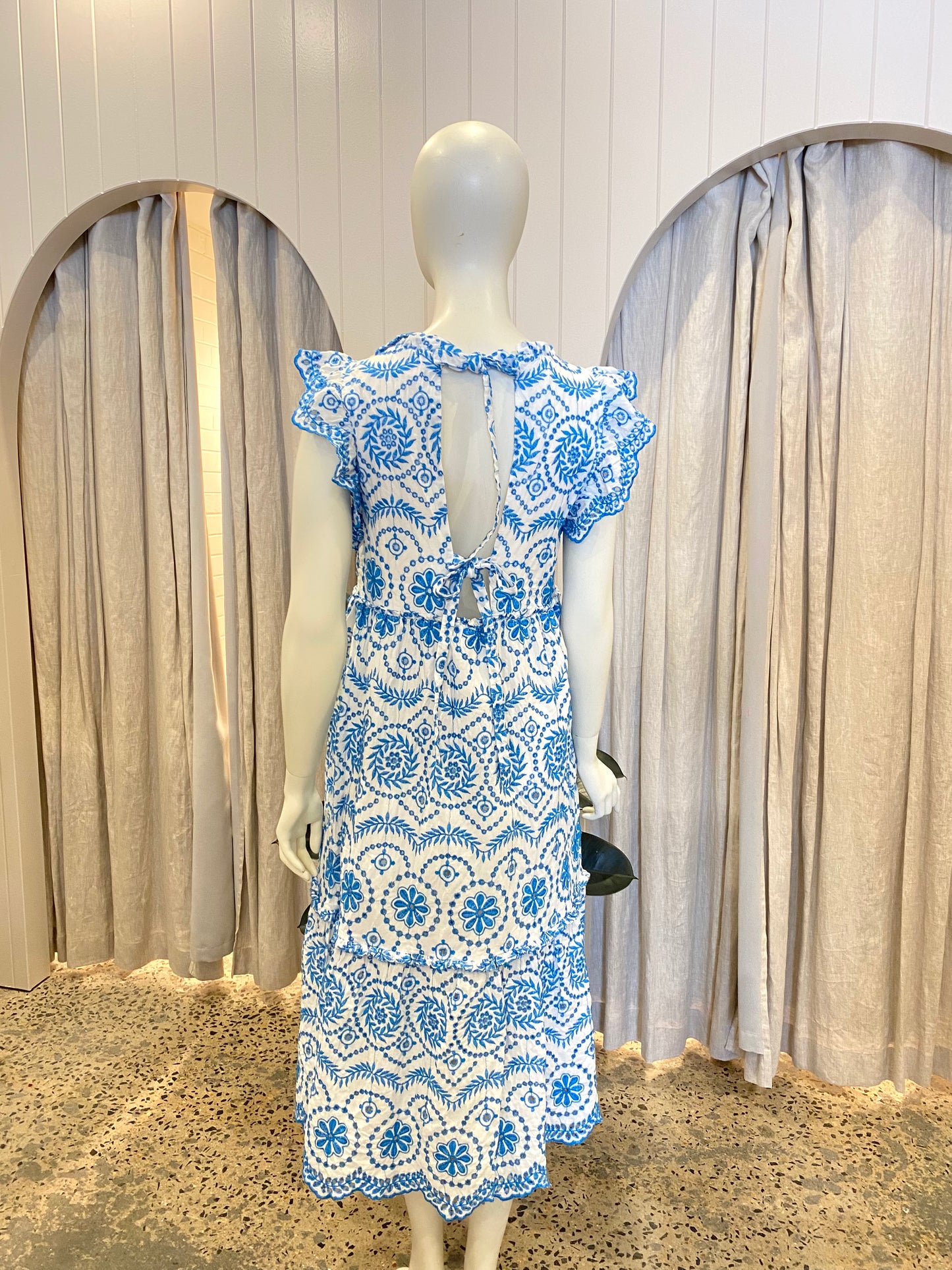 Kachel White and Blue Broderie Angelas Midi Dress - Size 12